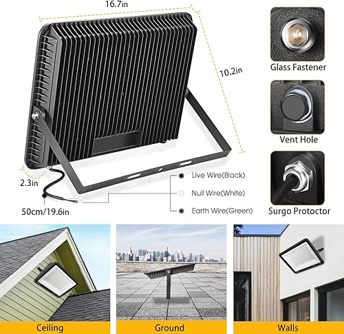 Vista 2 de Luz de inundación LED de 300 W (equivalente a 2000 W), súper brillante 42,500 lm 5000 K, luz diurna IP66, impermeable, seguridad al aire libre, 300W