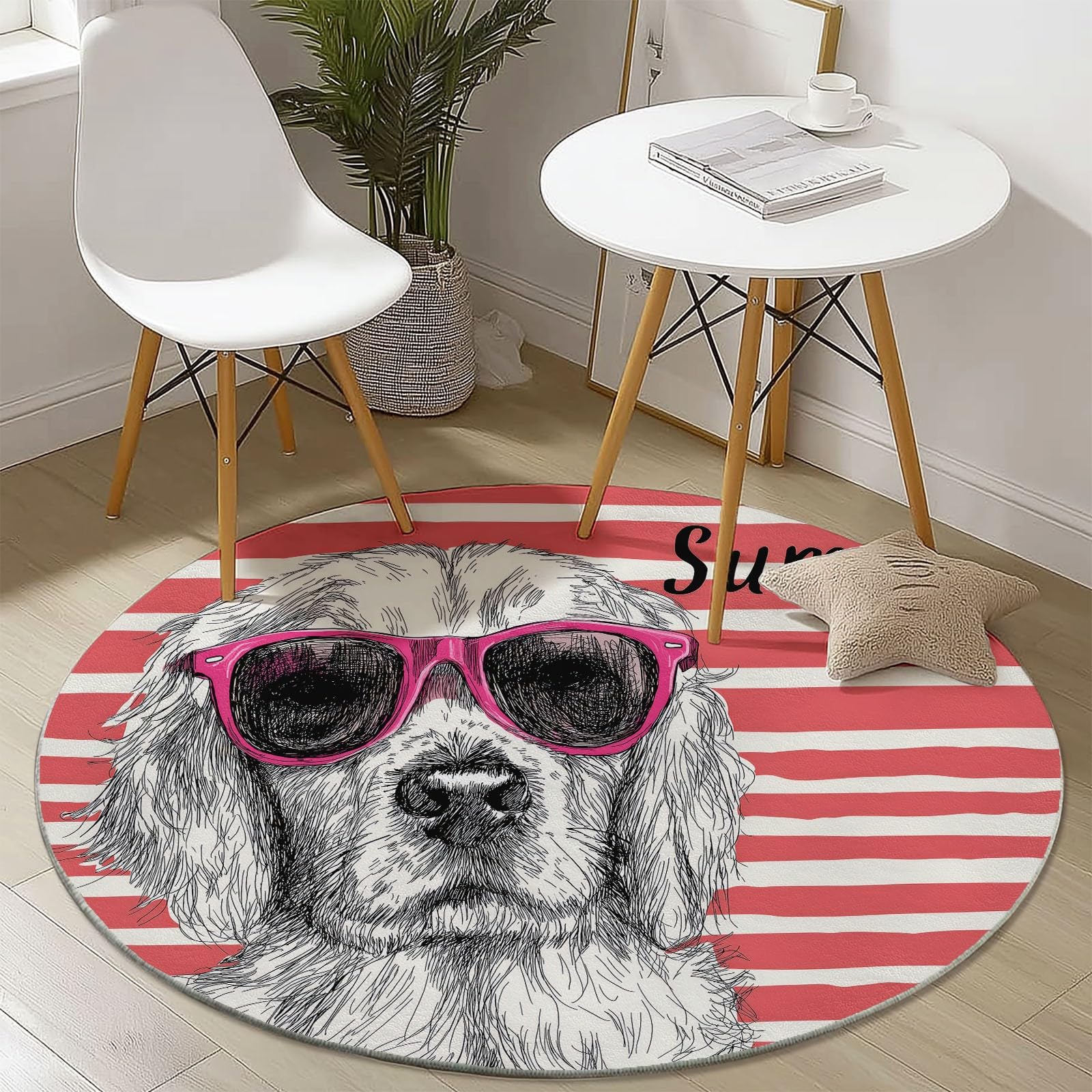 Generisch Teppich Rund Hundestreifenmuster 160 cm rutschfest Waschbar, Weicher Handgezeichneter Stil Runder Teppich für Kinderzimmer Babyzimmer Wohnzimmer Schlafzimmer Flur Innenbereich, Rosa
