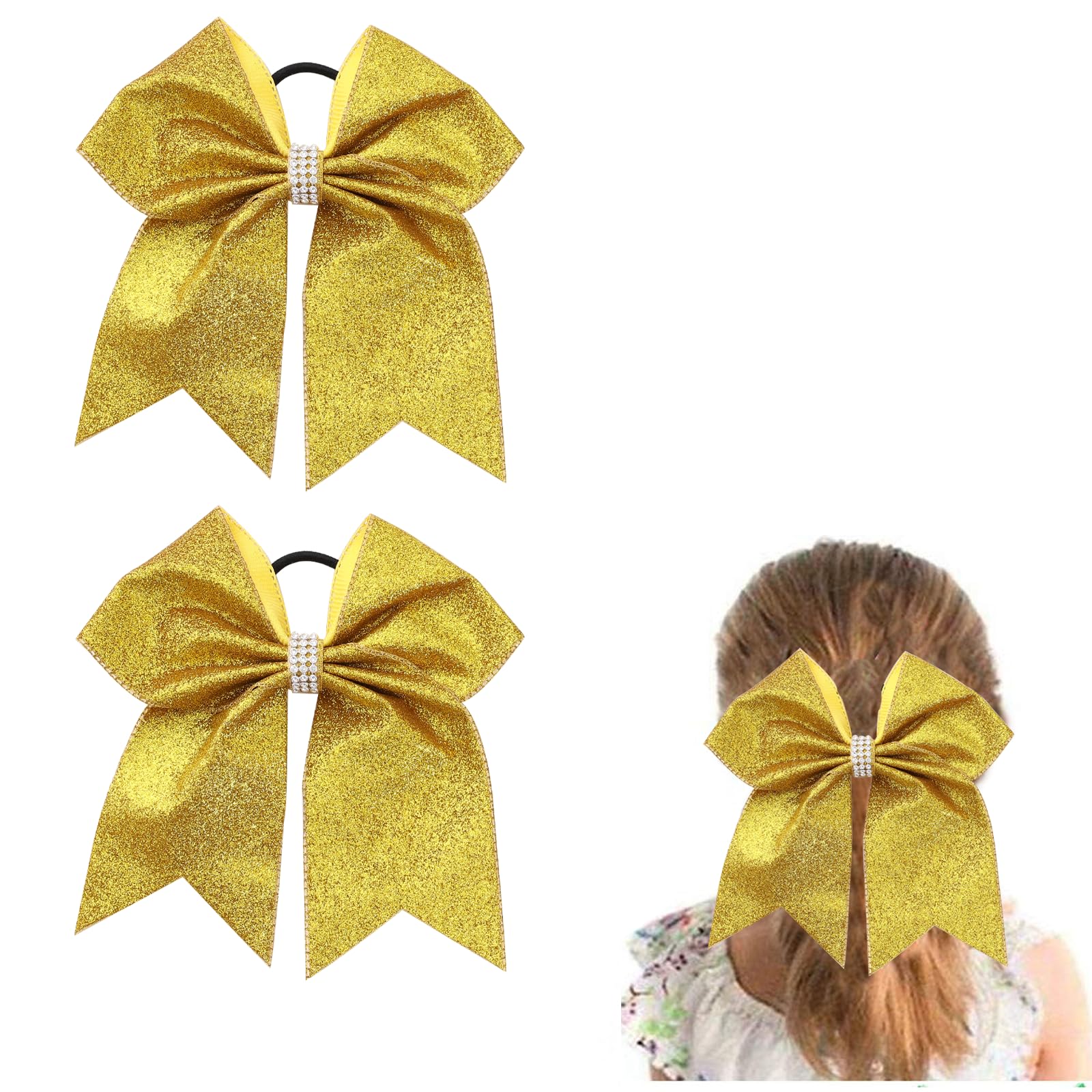 Large Glitter Gold Cheer bow, Hipcheer 8 Inch Large Jumbo Cheer Hair Bows Ponytail Holder Elastic Band Handmade for Cheerleaders Teen Girls College
