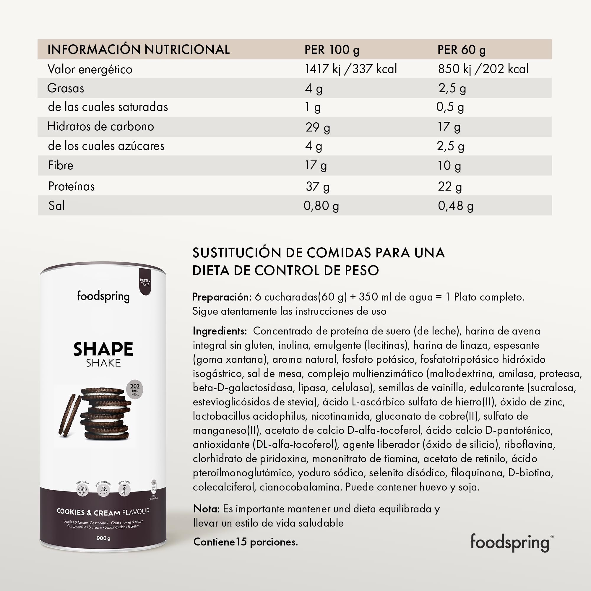foodspring Shape Shake - batido completo, sustitutivo de comida con proteína premium para controlar el peso, 202 kcal por ración, sin gluten - 900g