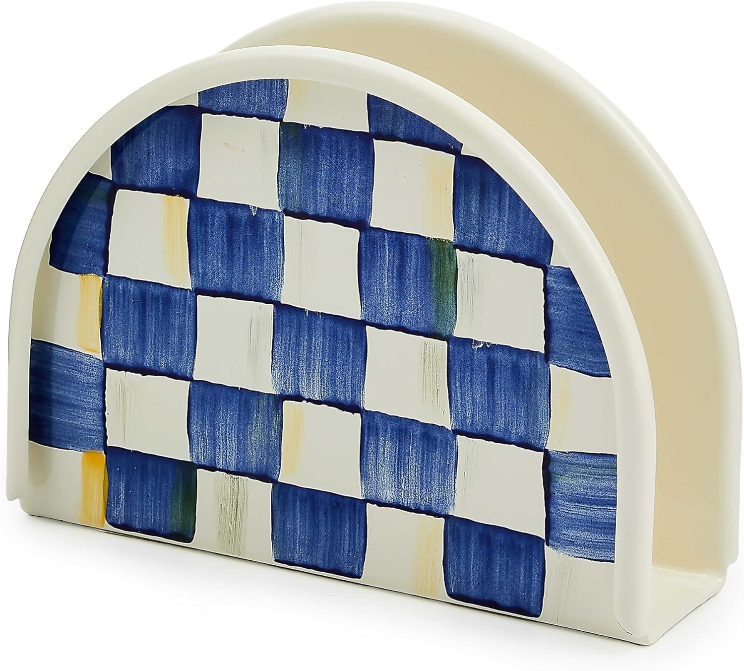 MACKENZIE-CHILDS Enamel Napkin Holder, Kitchen Napkin Holder for Table and Countertop, Blue-and-White Royal Check