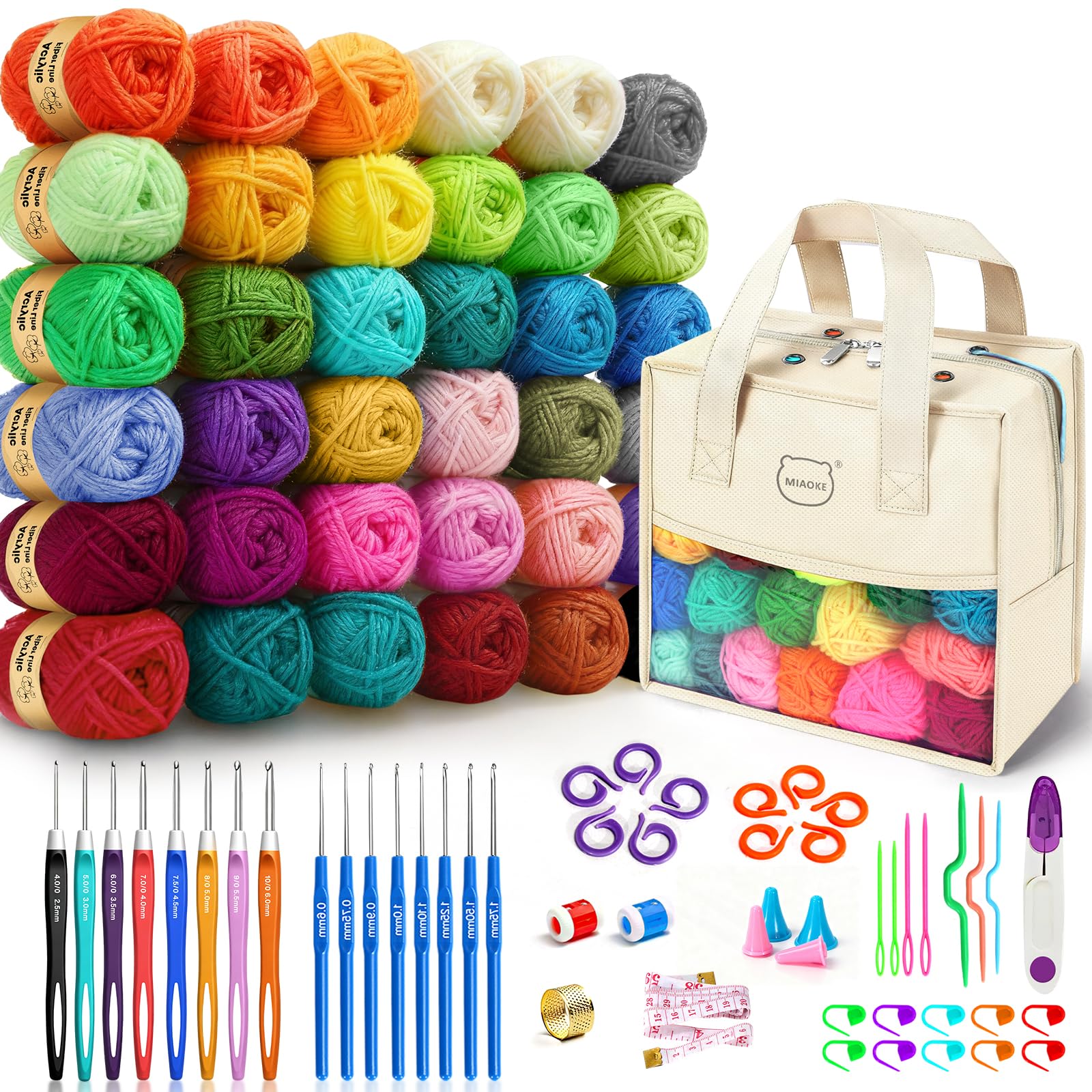 MIAOKE 90 Pcs Portable Crochet Kit with 36 Colors of Crochet Yarn, 36 Crochet Hook Accessories, 16 Crochet Hooks, A Waterproof Knitting Bag and a Storage Bag. Suitable for Beginners and Professionals