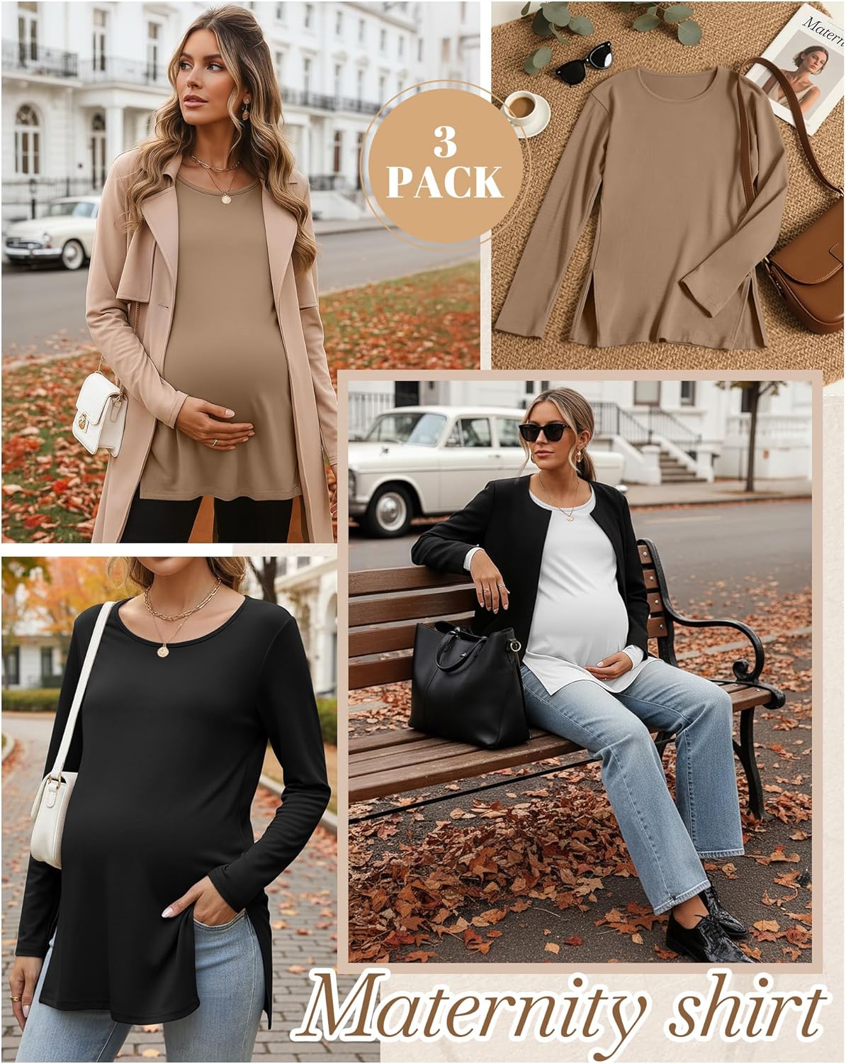 Riyiper 3 Pack Women's Maternity Long Sleeve T-Shirts Round Neck Side Split Tops Loose Casual Pregnancy Mama Clothes Fall - Image 4
