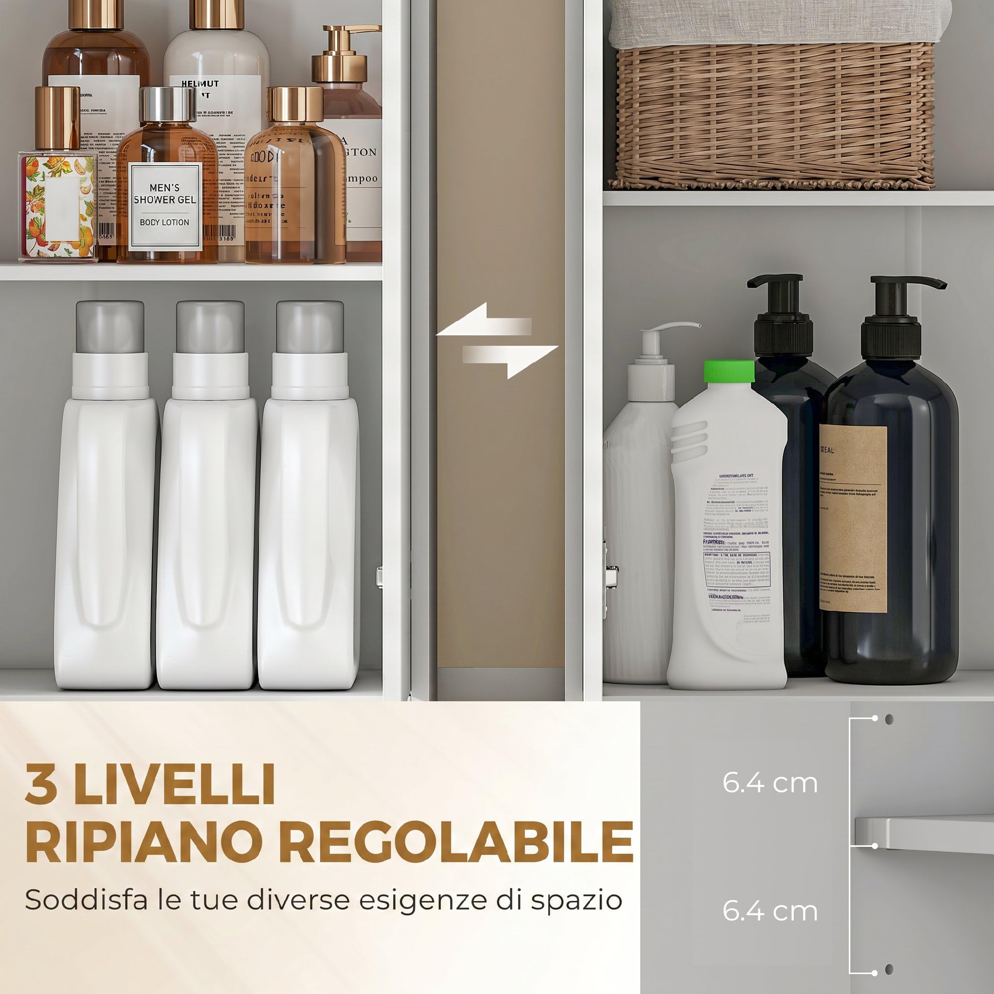 HOMCOM Mobile Bagno Alto Stretto, Mobiletto Bagno Salvaspazio con Armadietto Ante Soft Close, 3 Ripiani Aperti, Cassetto Scanalato, Ripiano Regolabile, per Lavanderia, 60x30x171 cm, Bianco