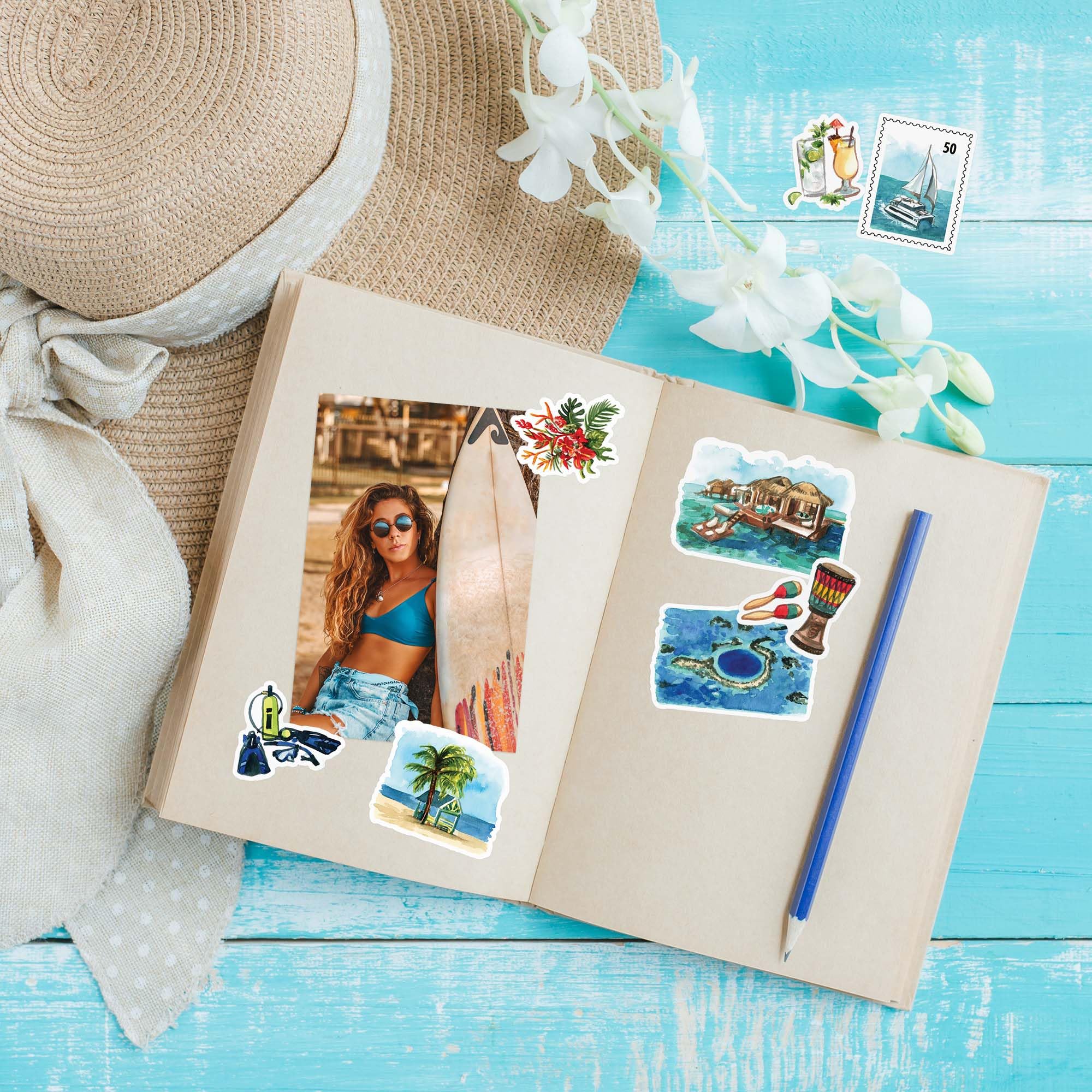 Navy Peony Caribbean Paradise Travel Stickers (31pcs) - Watercolor, Waterproof Tropical Cruise Decals for Journals, Scrapbooks, Water Bottle, Suitcase - Image 3