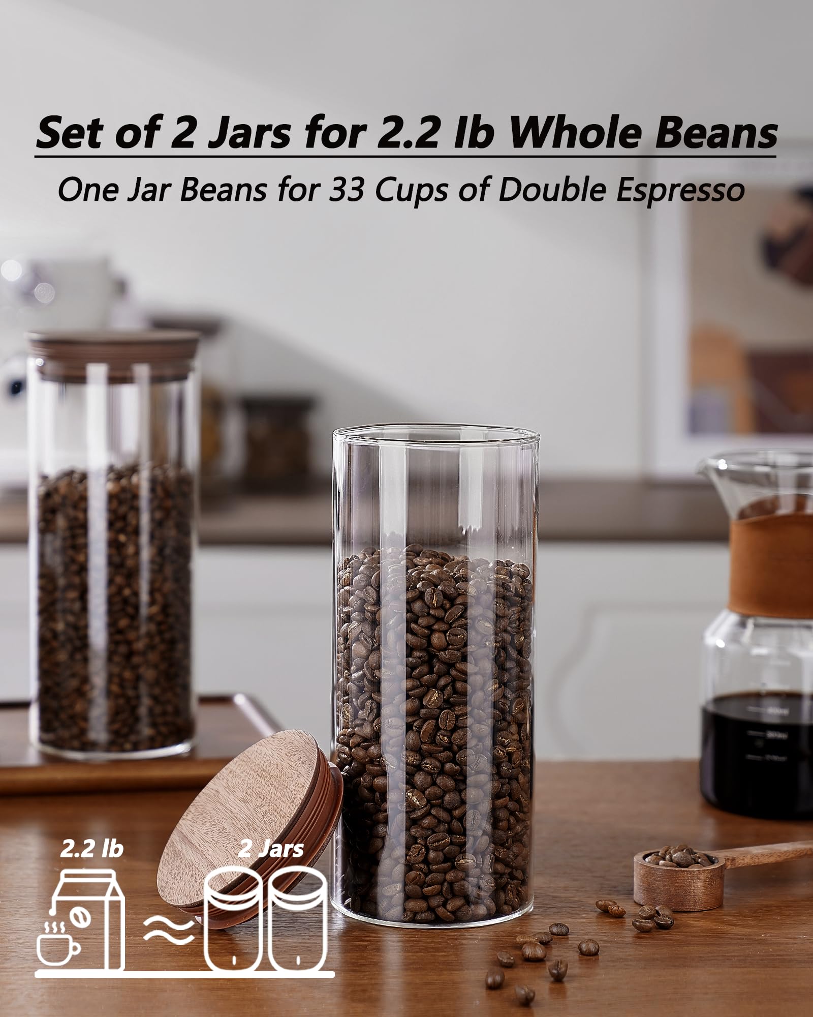 Set di 2 barattoli da caffè in vetro ermetico da 1500 ml con paletta e coperchi in legno, per caffè macinato, chicchi di caffè, contenitori con coperchio, per cucina, zucchero marrone, bar