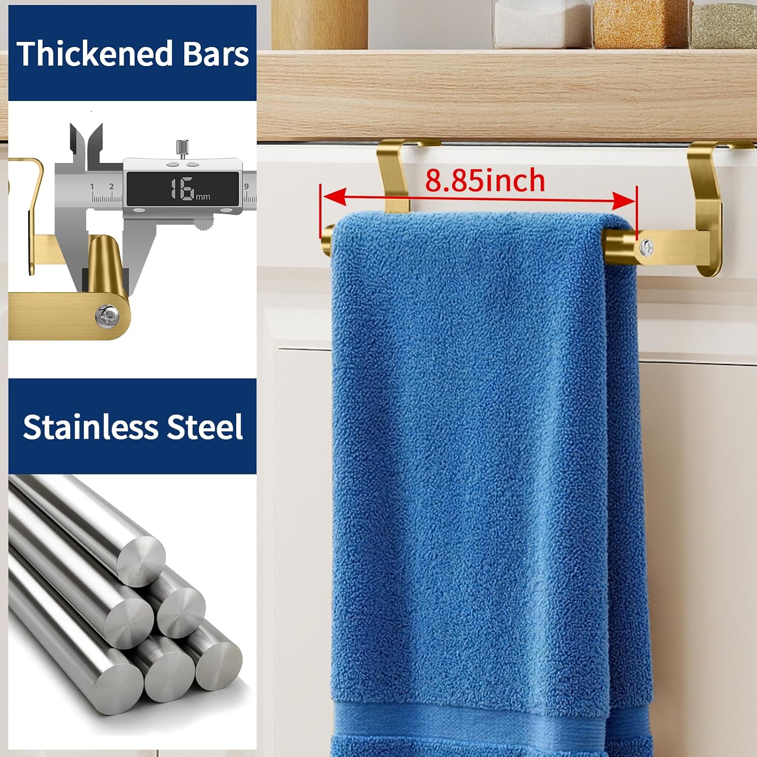 STWWO Gold Over Cabinet Towel Holder for Kitchen Cabinet Door, 2 Pack Bars image 4