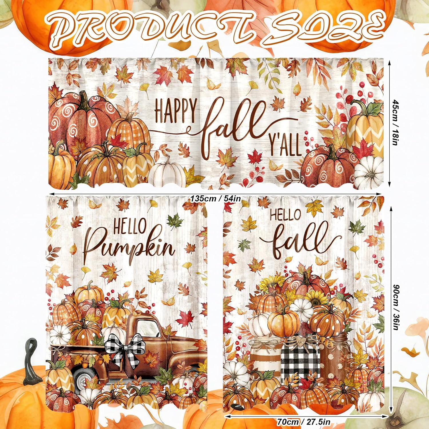 Breling 3 Pcs Fall Thanksgiving Kitchen Curtains Valances and Tiers Set for Windows, Happy Fall Y'all Pumpkin Truck Short Curtain Set for Bedroom Window Party Decor