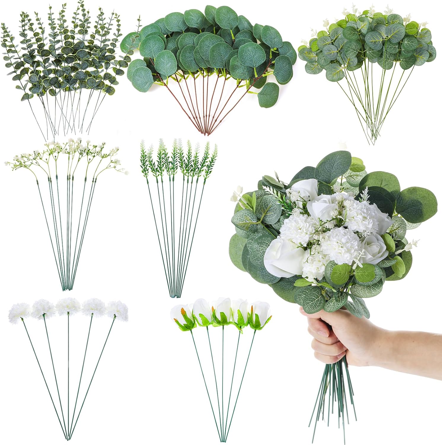 100PCS 7 Kinds Wedding Bouquet Artificial Eucalyptus Stems with Faux Baby Breath Flowers Fake Greenery Branches and Faux Eucalyptus Stems for DIY Floral Arrangement Vase Centerpieces Home Decor - Image 8