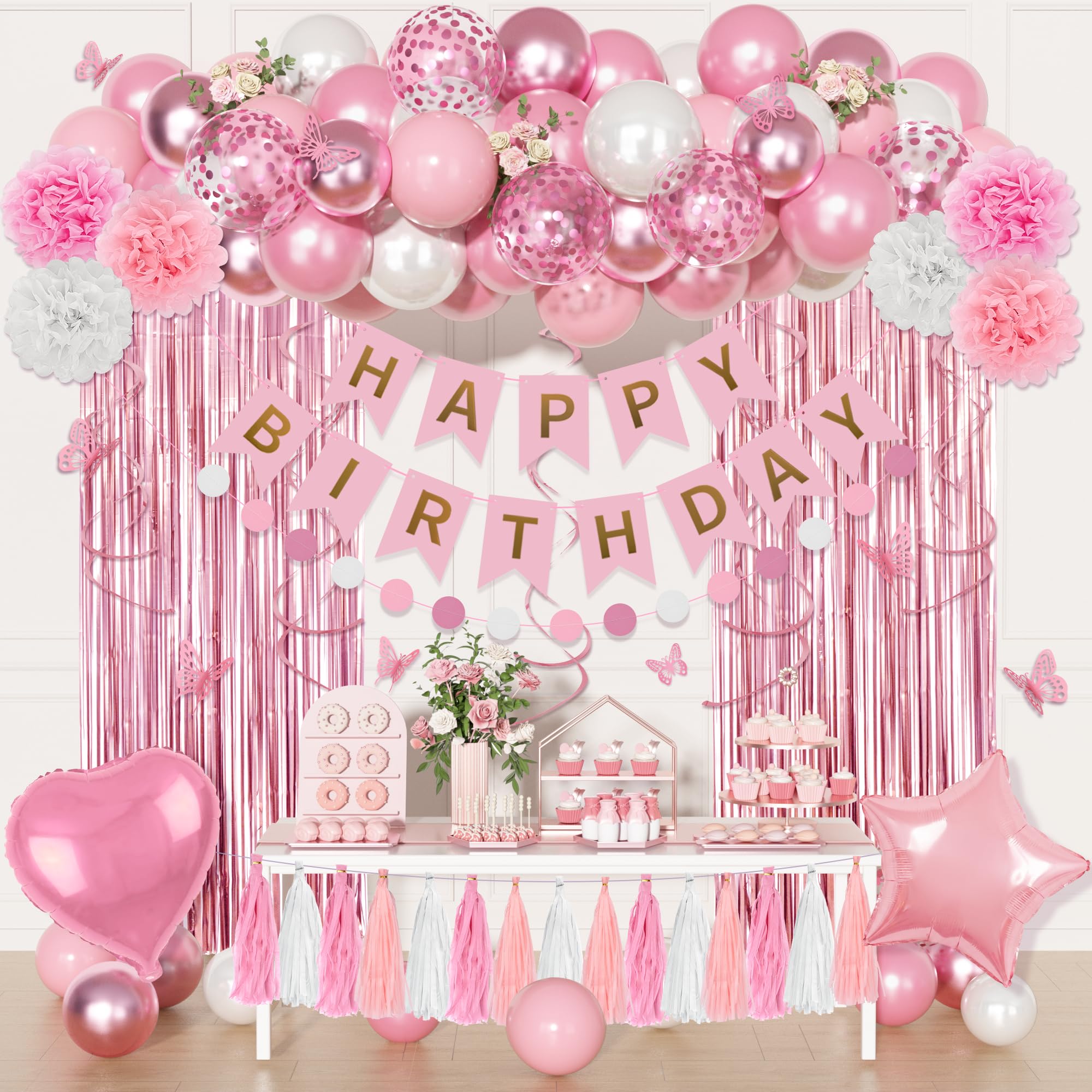 Photo 1 of Pink Birthday Party Decorations, Pink and White Pearl Confetti Foil Balloons Happy Birthday Banner Fringe Curtain Butterfly Hanging Swirls Circle Dots Tassels Pompoms for Women Girls Party Supplies
