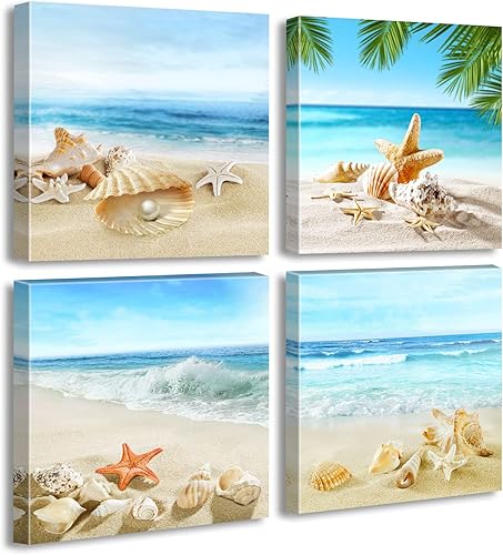 JiazuGo Arte de Pared de Playa Pinturas de Baño Decoración Conchas Estrellas de Mar Naturaleza Lienzo Cuadros Tema Océano Azul Decoraciones Carteles