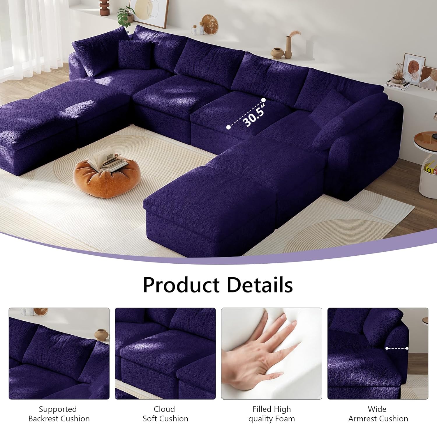 Modular Sectional Sofa Boneless Cloud Couch for Living Room, U Shape Deep Seat Recliner Sofa with Ottoman, Adjustable Backrest & 2 Throw Pillows - Covers Washable, (Purple, 4 Seater+4 Ottoman)