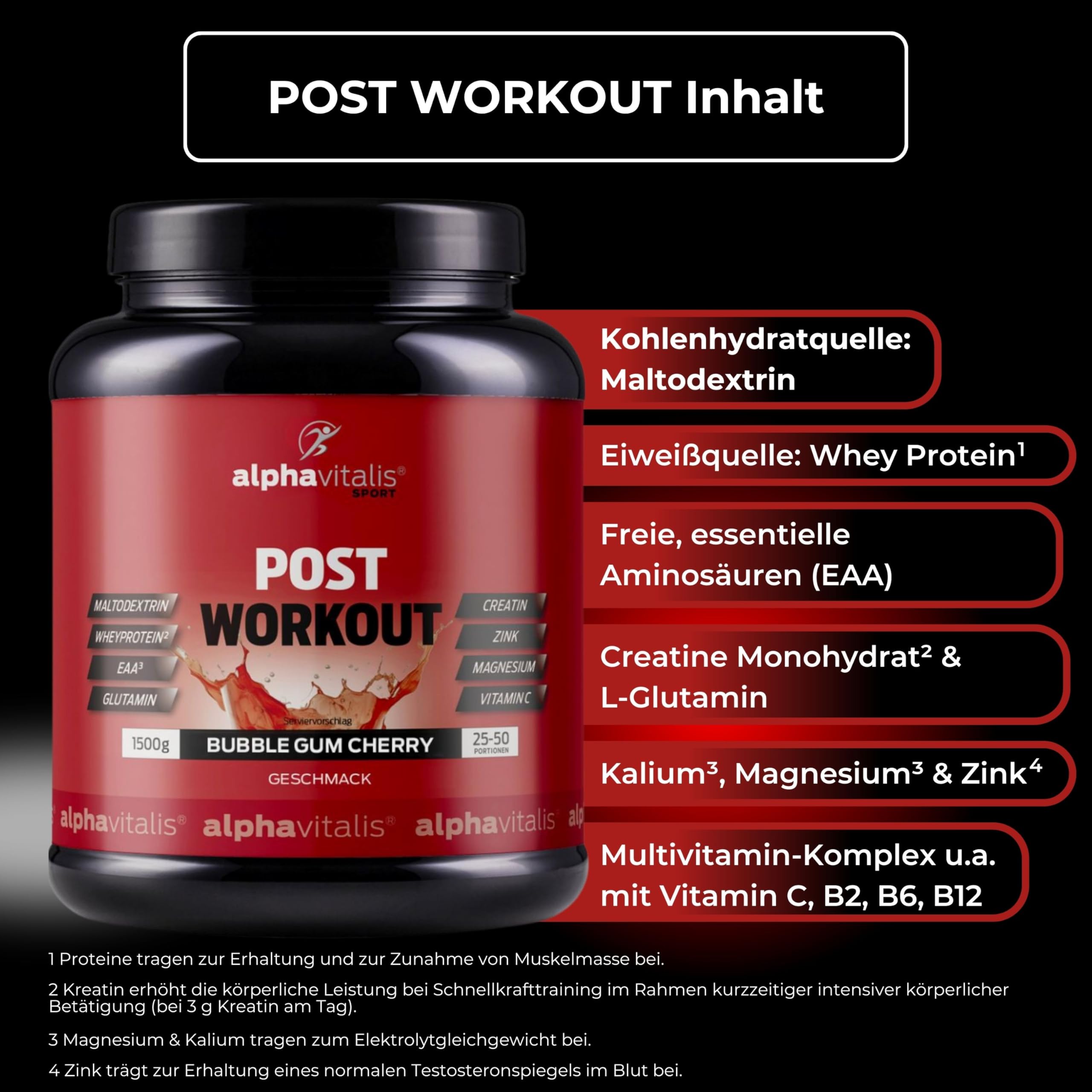 POST WORKOUT Shake - 1500g Kirsche - mit Maltodextrin - Whey Protein Pulver - EAA (essentielle Aminosäuren), Creatin Monohydrat, L-Glutamin, Magnesium uvm. - Sportgetränk - Made by alphavitalis