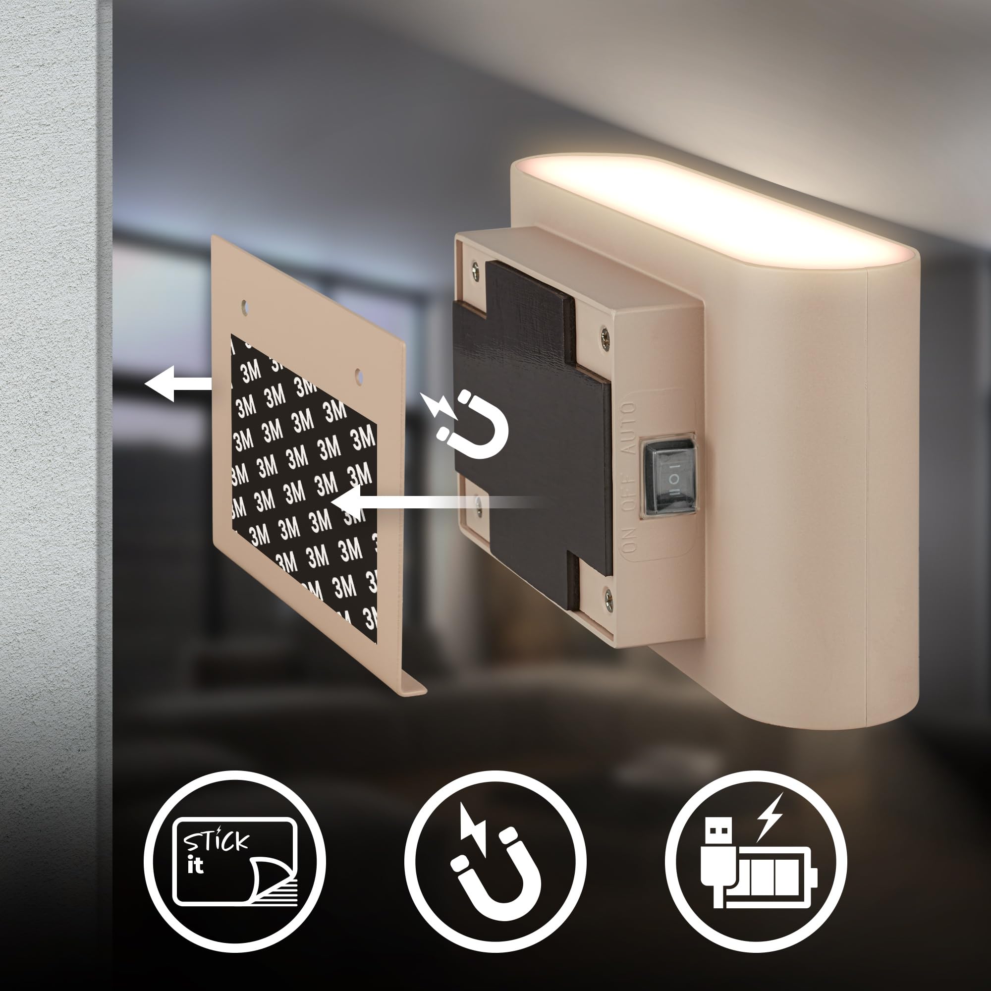 BRILONER Sticklights - Led-wandlamp zonder stroomaansluiting en zonder boren, met bewegingsmelder, batterij, magnetisch afneembaar, wandlamp, leeslamp, hallamp, 22 x 4 x 10 cm, nikkel-mat