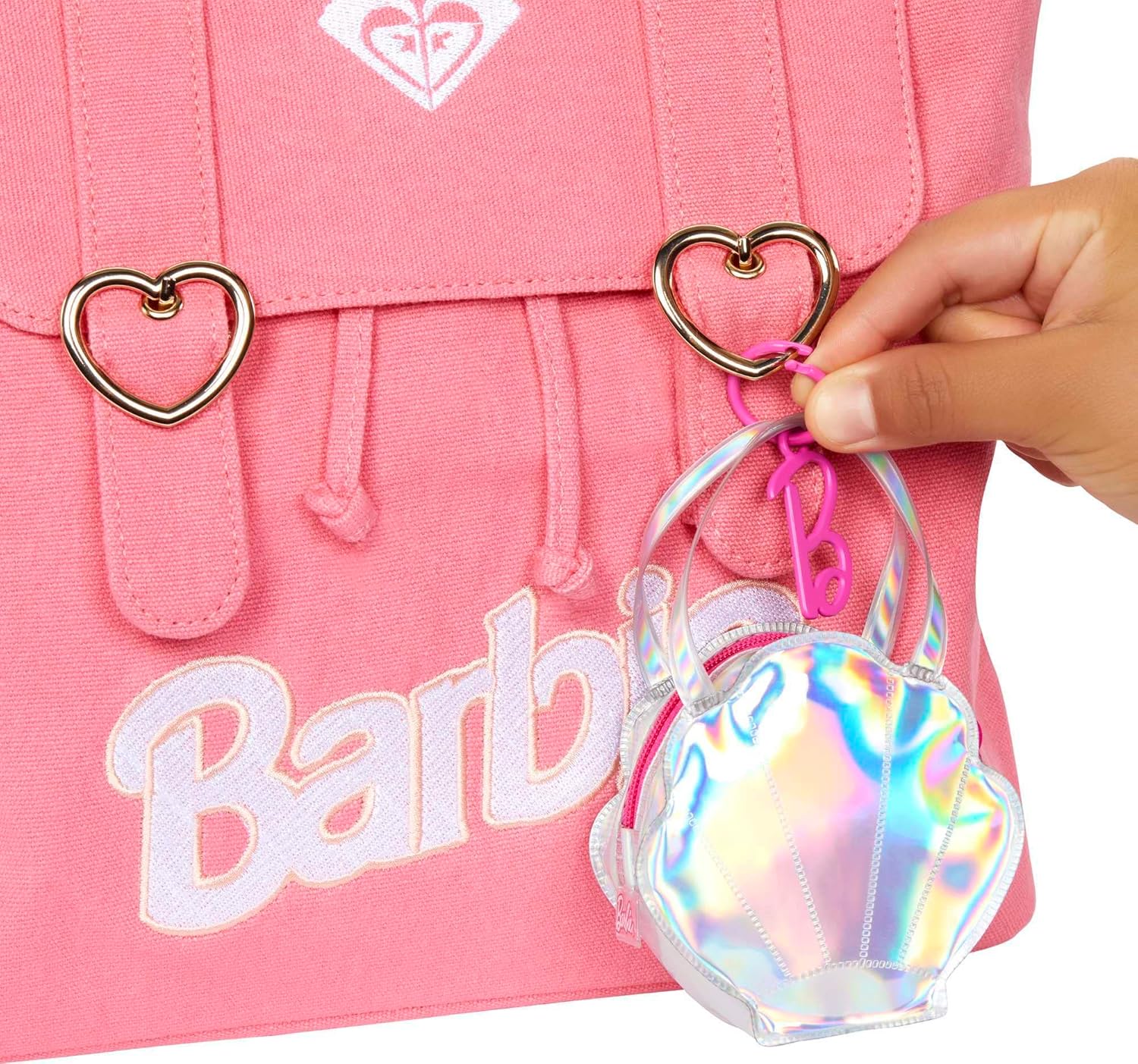 Barbie Clothes Set, Beach-Themed with Swimsuit, 5 Acessories & Zippered Doll-Sized Shell-Shaped Bag with Clip-On Ring, Iridescent