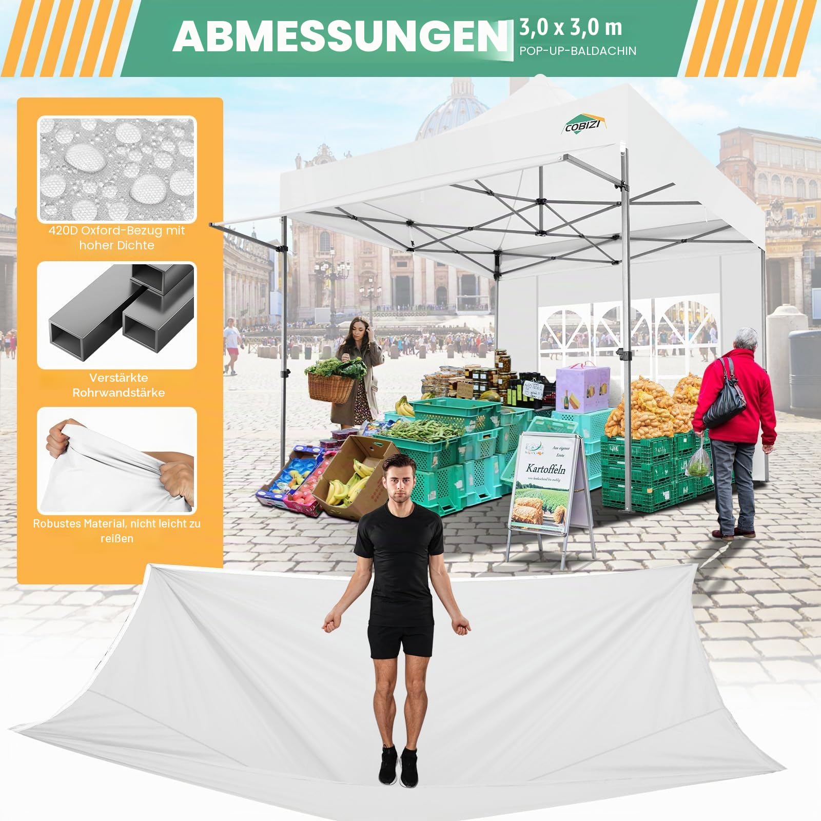 COBIZI Pavillon 3x3 Wasserdicht Stabil Winterfest Faltpavillon 3x3 Partyzelt Hardtop Pavillon Klappbar 3x3m Mit Seitenwnden Pop Up Pavillion Uv-Schutz, Weiß