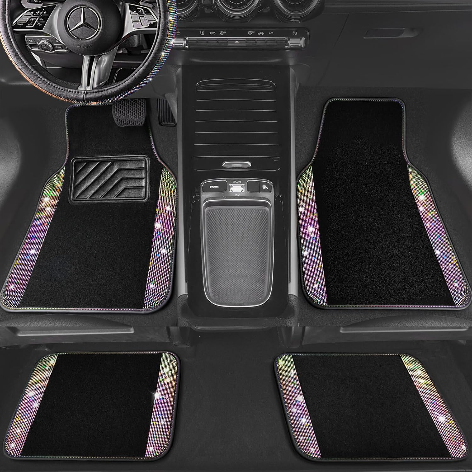 CAR PASS Bling Diamond Leather Steering Wheel Cover 14.5in-15in Floor Mats Shining Rhinestone Carpet Sparkly Glitter Crystal Anti-Slip Pad Fit Automotive SUV Pickup Truck Girl Women, 5pcs Multicolor - Image 7