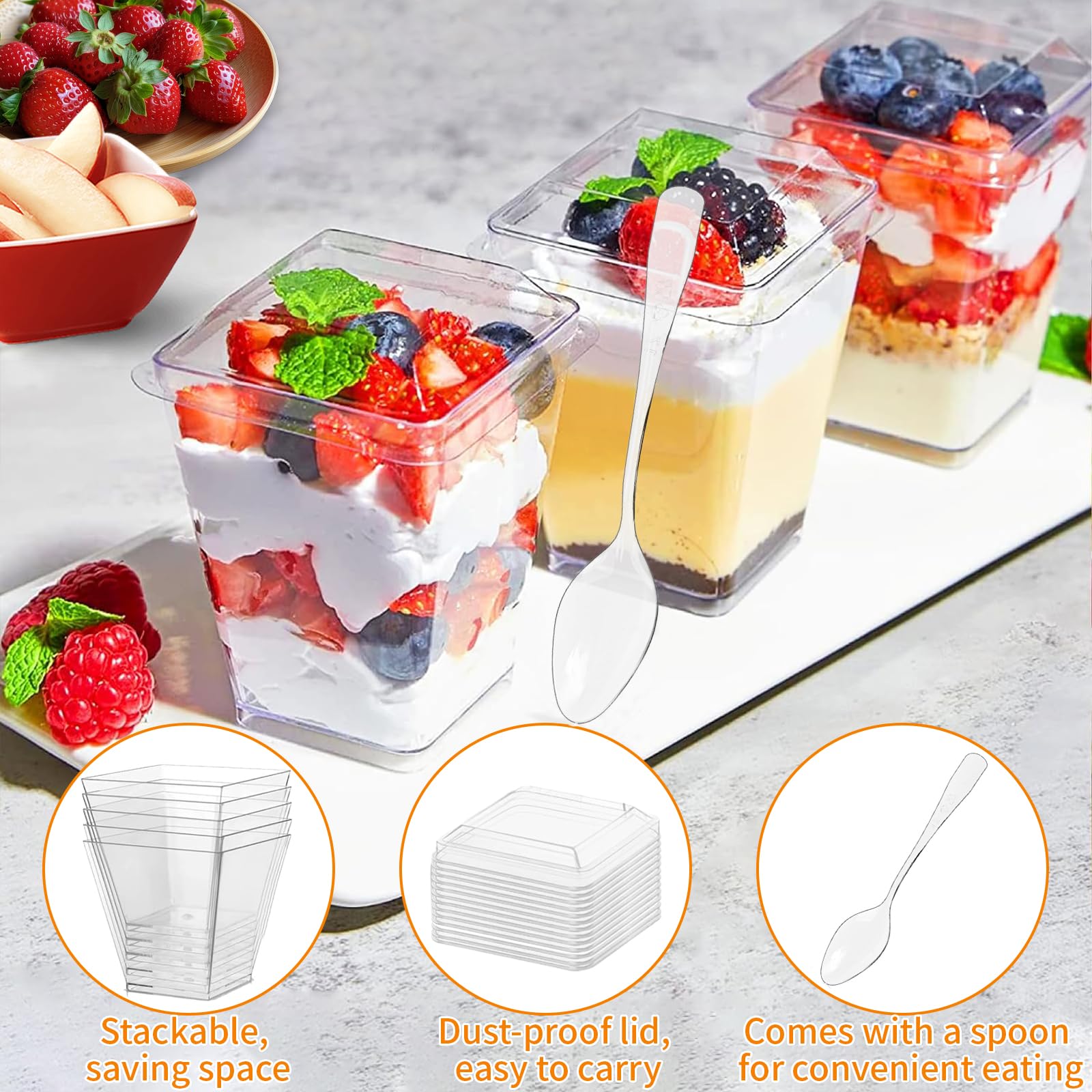 50Pcs Tazze Dessert con Cucchiai Mini & Coperchio, 5oz/160ml Coppette Bicchieri Plastica Riutilizzabili Quadrate, Bicchierini Dolci per Budini, Mousse, Gelati, Tramisu, Casa, Picnic, Compleanni, Feste