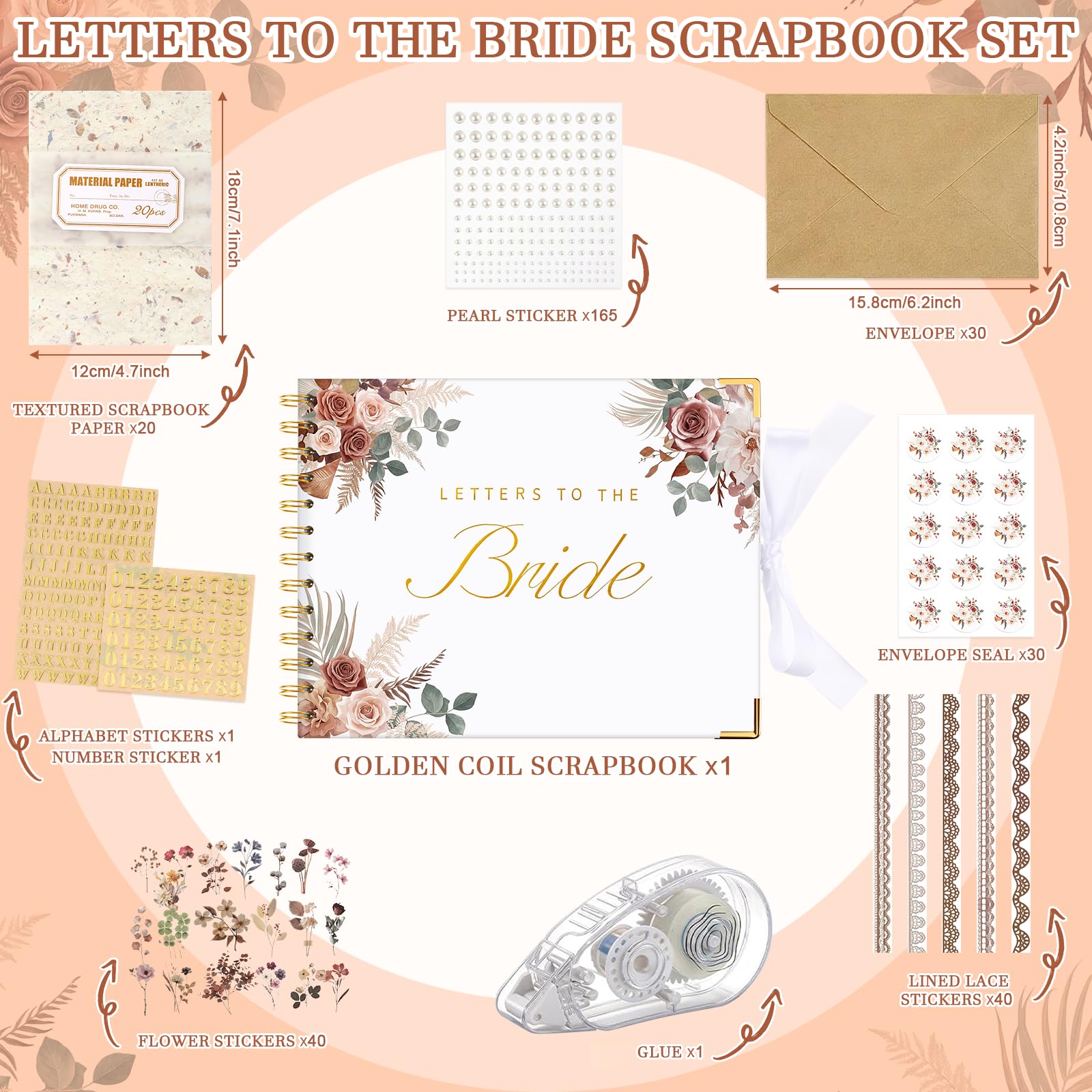 Livre d'or de mariage Lettres à la mariée Scrapbooking Livre de souvenirs de mariage Papier vierge Scrapbooking Album photo Invité avec autocollants nacrés (21,6 x 17,8 cm, vintage, marron)
