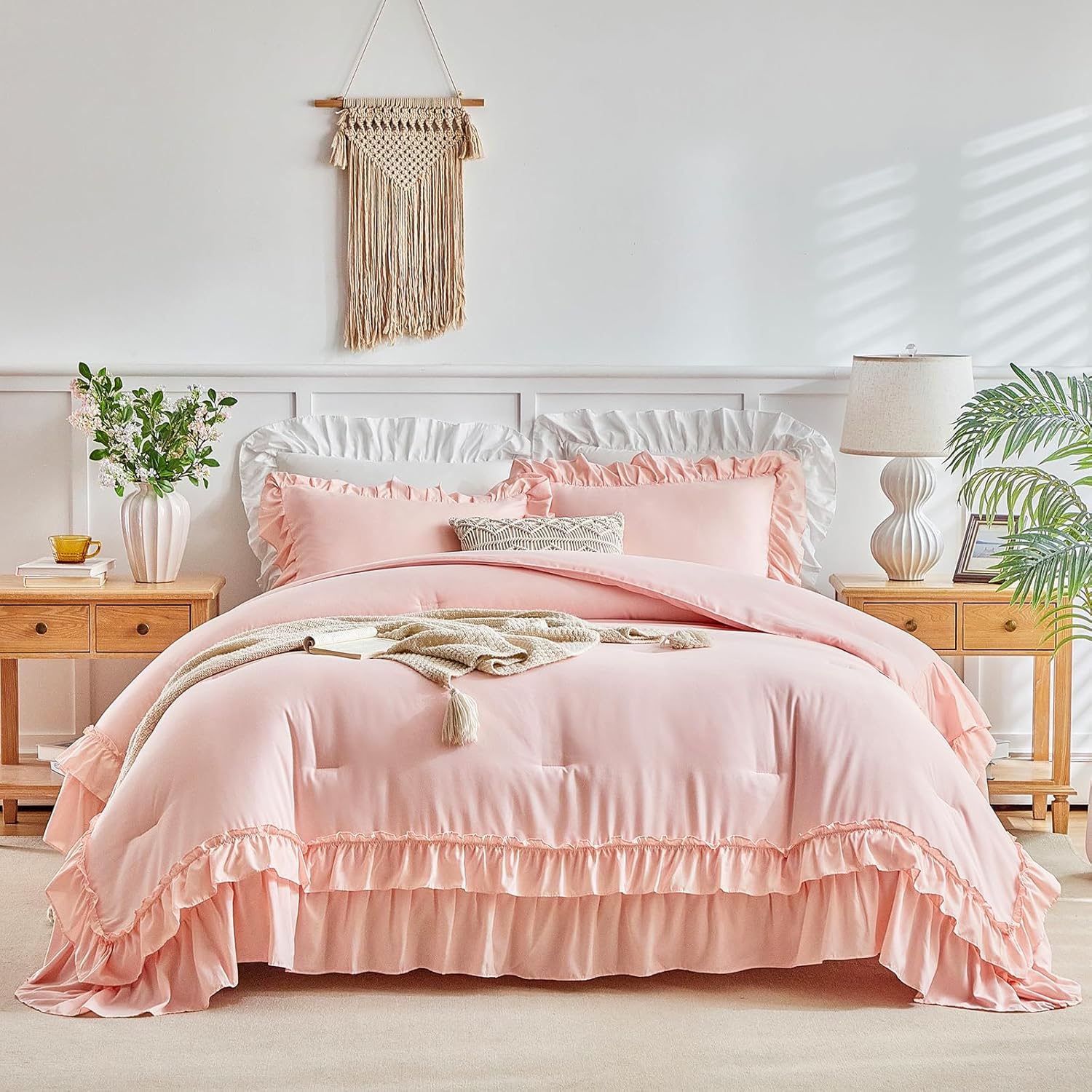 Flysheep Pink Ruffle Comforter Set Twin Size, 3 Pieces Vintage Farmhouse Shabby Chic Comforters, Solid Color Lightweight Soft Fluffy Bedding Sets for Girls (1 Ruffled Comforter + 2 Pillow Shams) - Image 2
