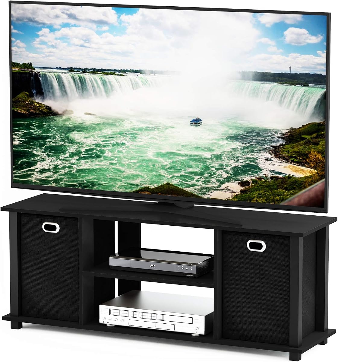 Econ Entertainment Center, Black/Black | Open Back and Storage Bins, TV Console for TV up to 46 Inch, for Living Room, Bedroom