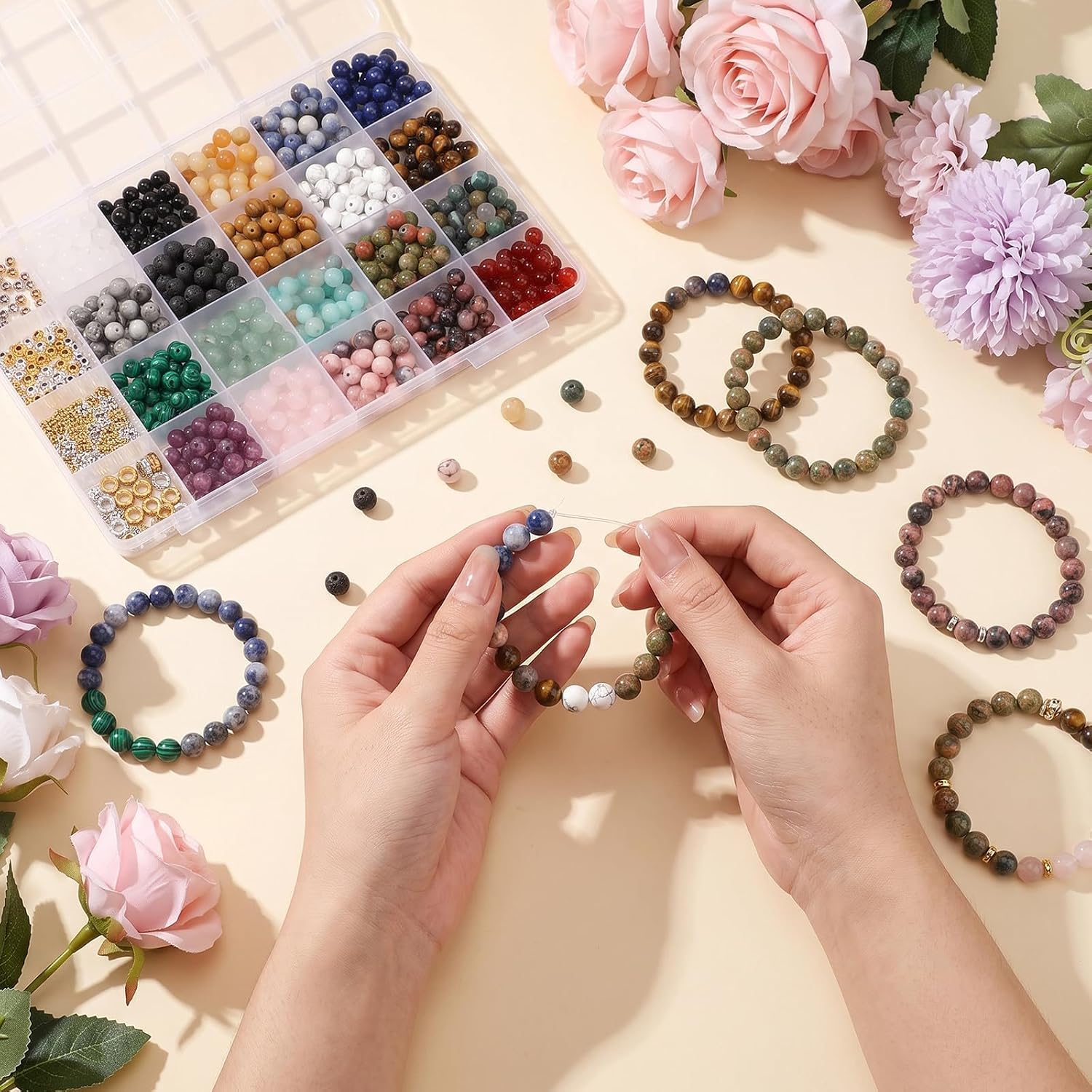 Lasofamere760pcs 6mm Natural Stone Beads Round Crystals Bead for Jewelry Making Gemstone Beads Kit for Bracelets DIY Earrings Necklaces Rings Crafts Birthday Gifts
