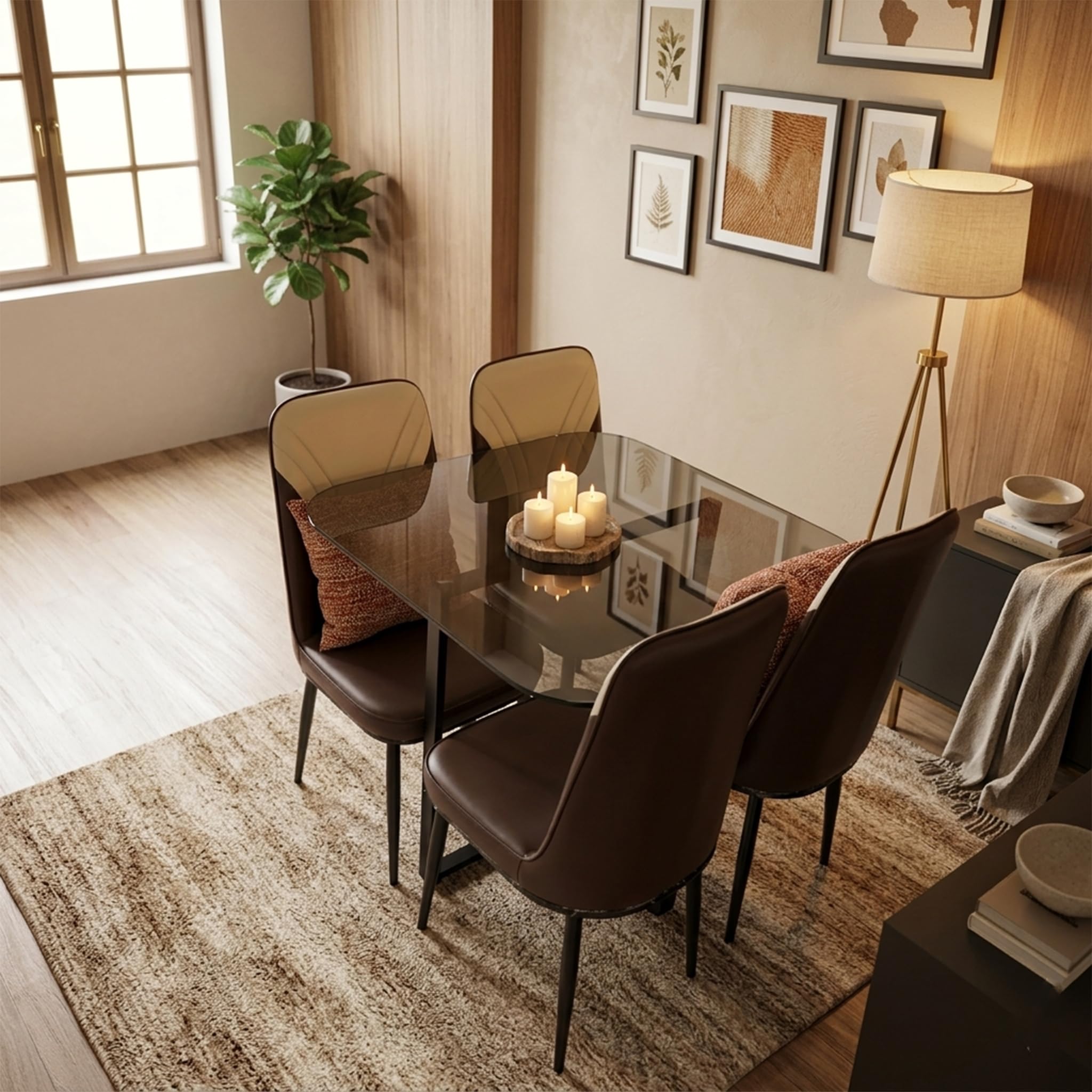 Dining Table Set with 12 mm Thick Glass Top with 4 Chairs (Metal, Black)-image-49