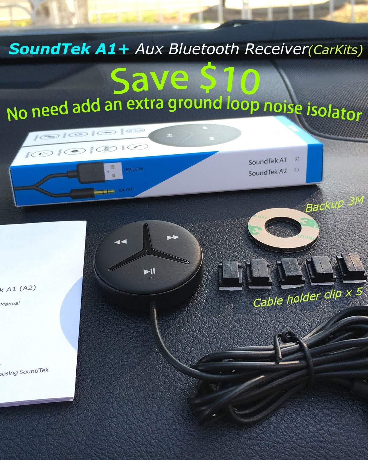 Aston Innovations HiFi Bluetooth Car Kit iPhone & Android Phone Handsfree Calls Music Streaming Qualcomm Chip Built in Noise Isolator Aux Bluetooth Receiver/Adaptor for All Vehicle SoundTek A1+