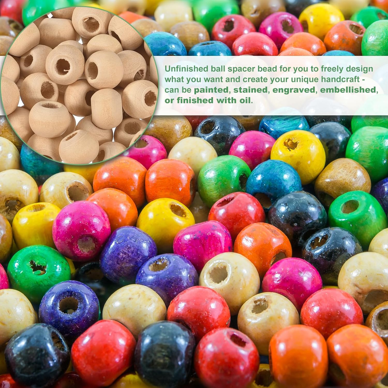 uxcell 300Pcs 8mm Natural Wood Spacer Beads, 3mm Large Hole Unfinished Round Wooden Beads for DIY Crafting, Jewelry Making Bracelets - Image 5