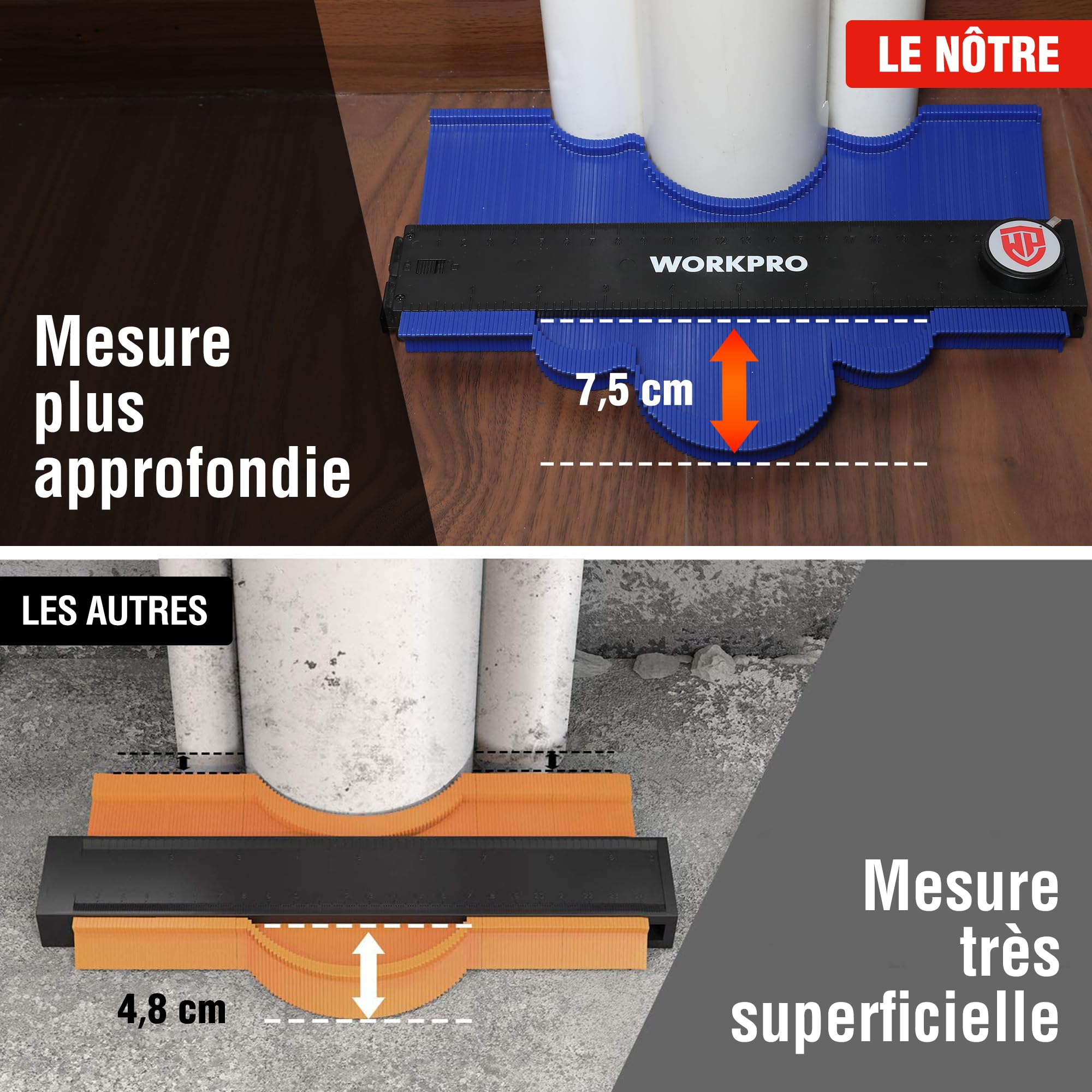 WORKPRO Jauge de Contour Connectable 25+25 cm, Duplicateur de Profil avec Verrouillage, Copie Précise des Formes Irrégulières, Outil de Traçage pour Menuiserie, Parquet, Moquette et Carrelage