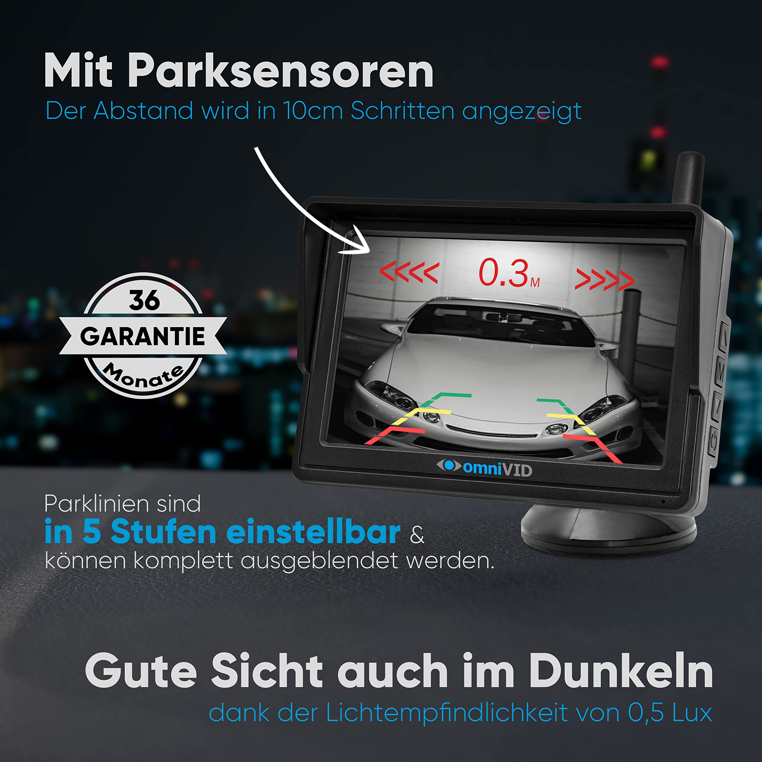 omniVID® Solar6 Premium Solar 5 Zoll Rückfahrkamera-System mit Parksensoren, Kabellos mit 5 Zoll Monitor u. solarbetriebender Kamera zum Nachrüsten mit PDC, Montage ohne Bohren, IP67 wasserdicht | Kabellos mit solarbetriebener Kamera und PDC, ohne Bohren