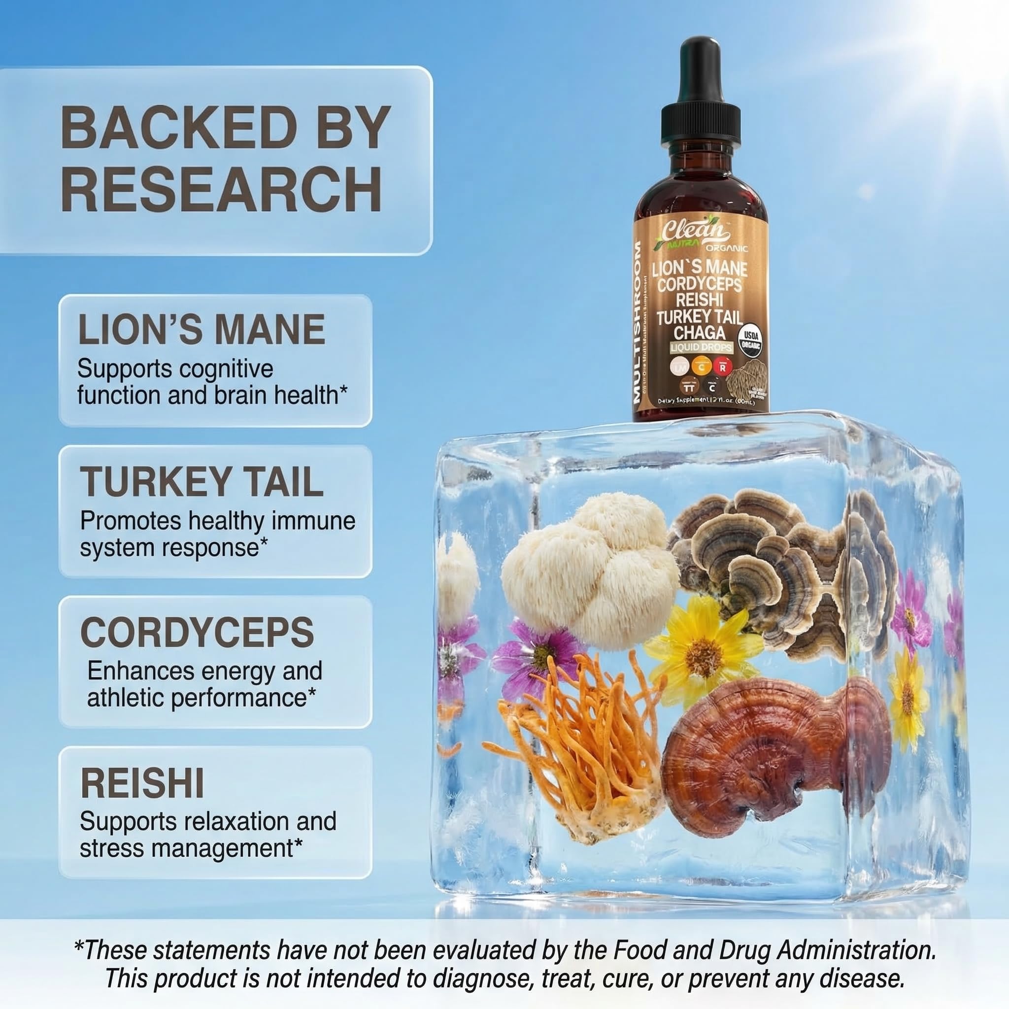 Mushroom Supplement Liquid Drops with Lions Mane Turkey Tail Cordyceps Reishi Chaga Shitake Maitake Tremella Oyster Mushrooms Poria Supplement and Enokitake Mushrooms Complex Blend by Clean Nutra — Amazon image 3