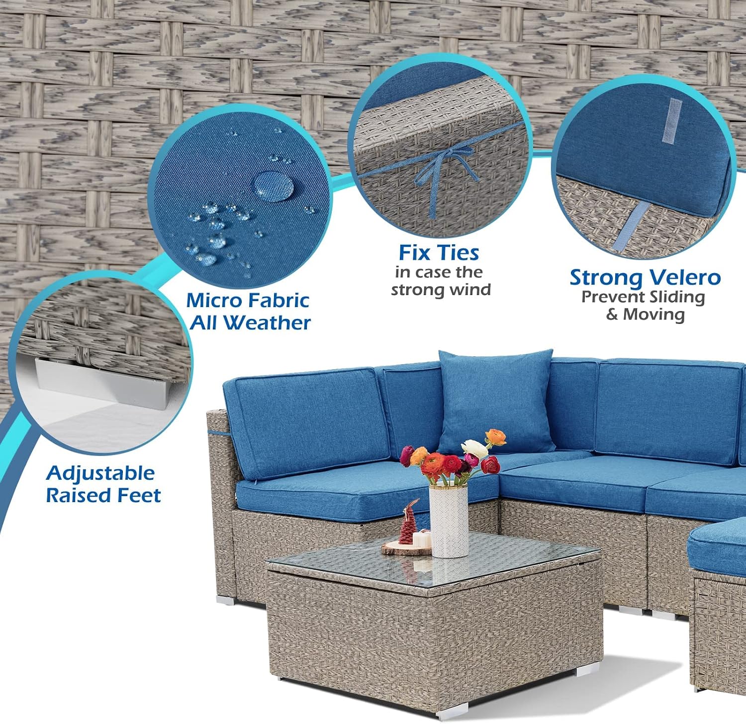 LUCKWIND Patio Conversation Set Sectional Sofa Couch Modern - 7 Pieces All-Weather Grey Wicker Rattan Outdoor Furniture Sets Seating Cushion Glass Coffee Table Accend Pillow, Blue