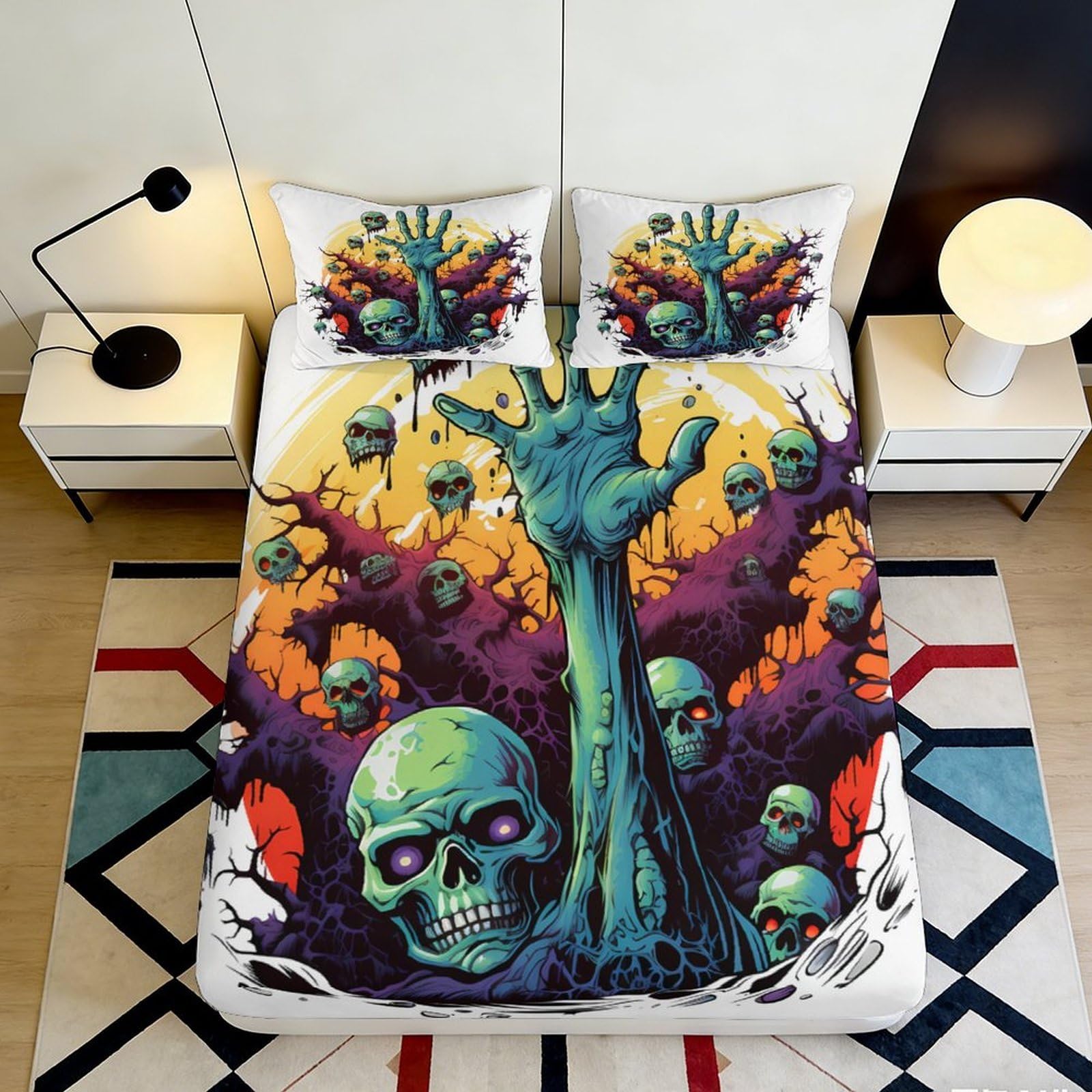 3D Printed Skull Theme Fitted Sheet Microfiber Non-Slip Deep Pocket Skull Mattress Fitted Cover Elastic Hem Washable Bedding for Adults Teens 90x200x25cm
