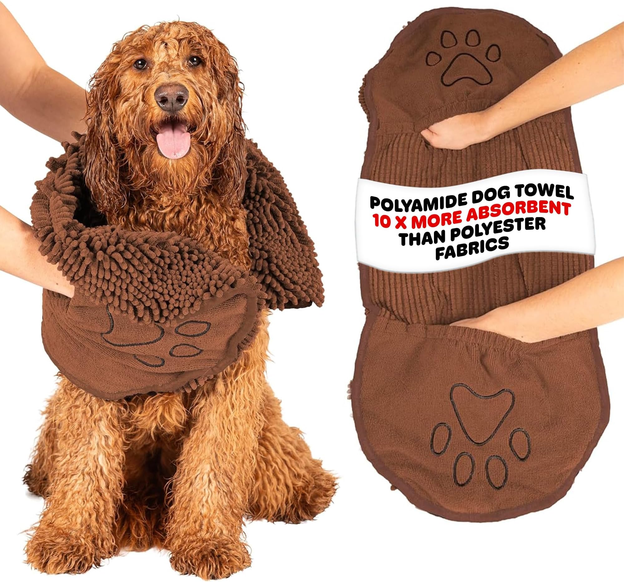 Dog Gone Smart The Dirty Dog Shammy - Fast Drying Plush Shammy Towel with Dual Hand Pockets and Elastic - Super Absorbent Microfiber and Machine Washable - 31 × 13 in, Brown