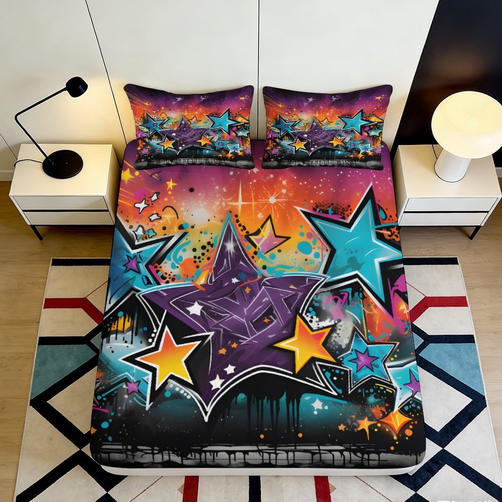 3D Printed Colorful Graffiti Star Fitted Sheet Microfiber Soft Breathable Urban Art Mattress Cover for Bedroom Dormitory Guest Room Protection 120x200x25cm