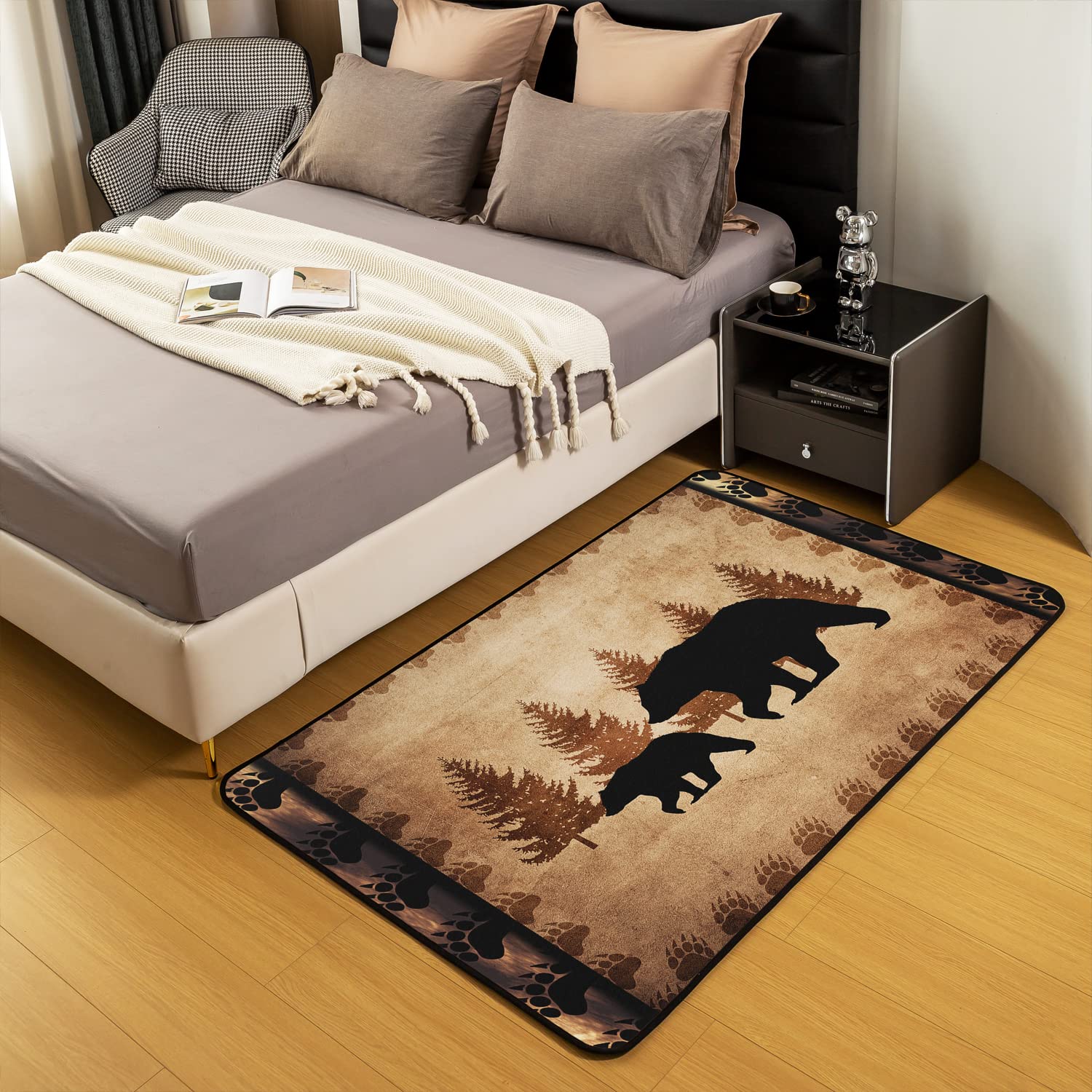 Tappeto per Bambini della Fattoria Animale Selvatico - Soggiorno, Camera da Letto Retrò - Orso Famiglia Marrone con Zampe - Decor Tappetino Accento 100 x 150 cm
