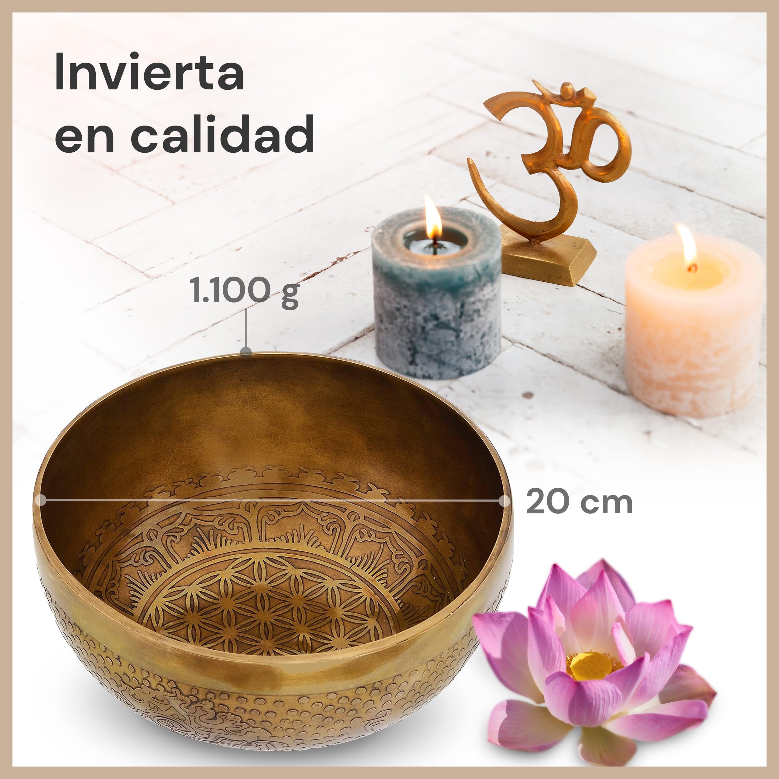 Cuenco tibetano con grabado de la flor de la vida para yoga, meditación y relajación, diámetro 20 cm, 1.100 g, superficie antigua, hecho a mano tradicionalmente …