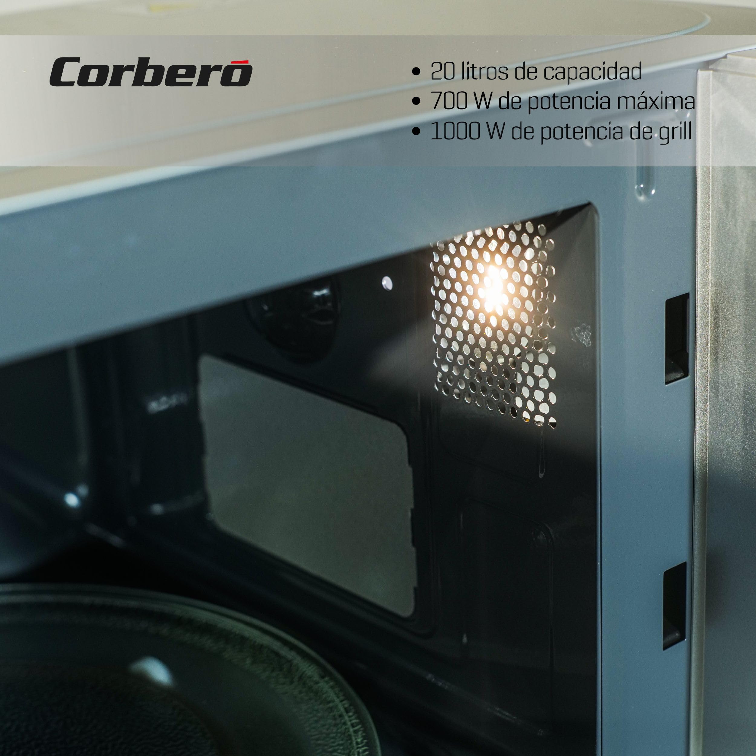 Corberó - Microondas con grill | CMICM6020GX | 700W | 20L | Gratinar y Asar | Descongelar | 9 Niveles Potencia | Temporizador | Plato Giratorio | 26x44x34 | Inox