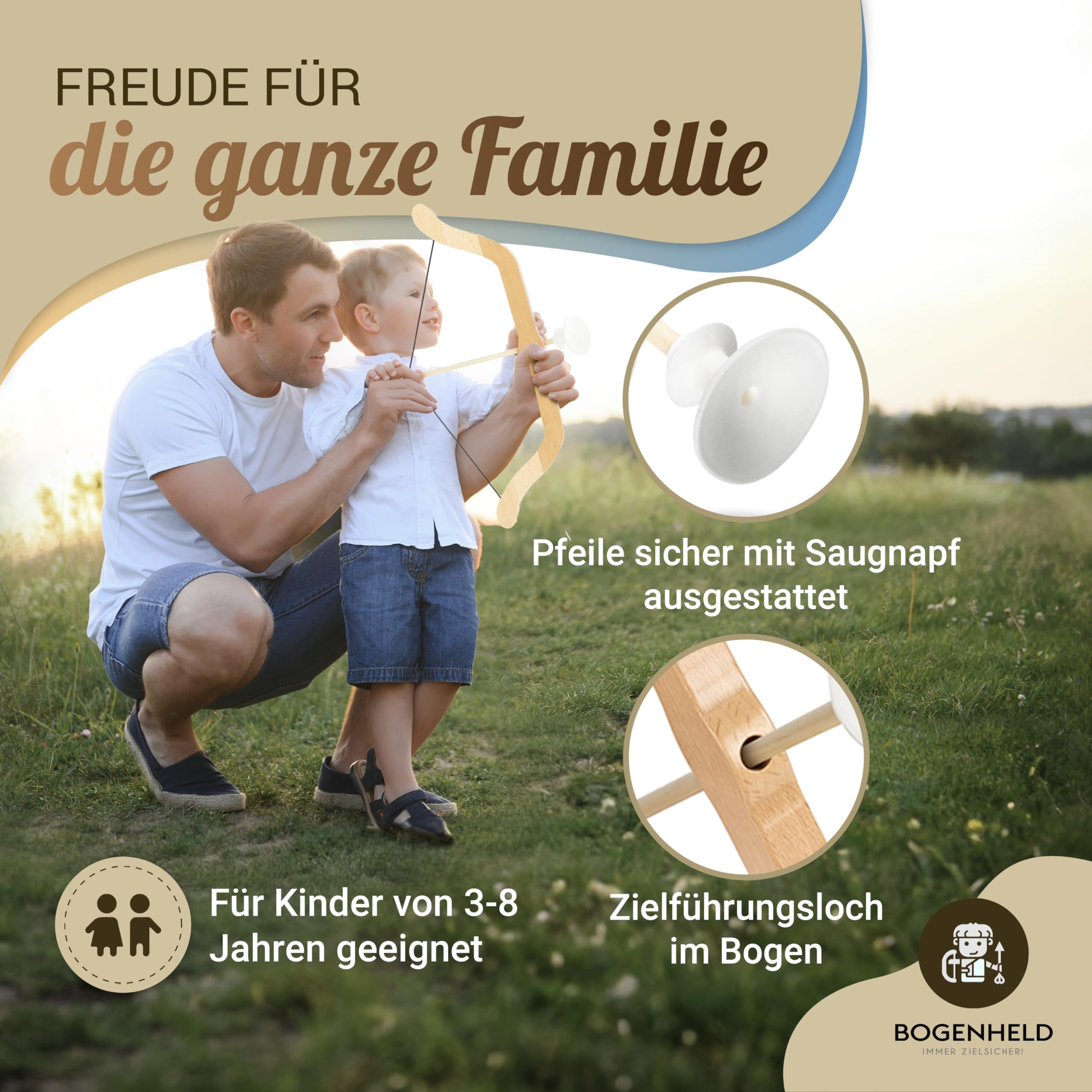 Pfeil und Bogen Kinder | Bogenschießen Set mit 5X Saugnapfpfeile, 1x Pfeiltasche und 1x Zielscheibe | Spielzeugbogen Saugnapf Kinder ab 3 Jahre | Bogenset für Links - und Rechtshänder