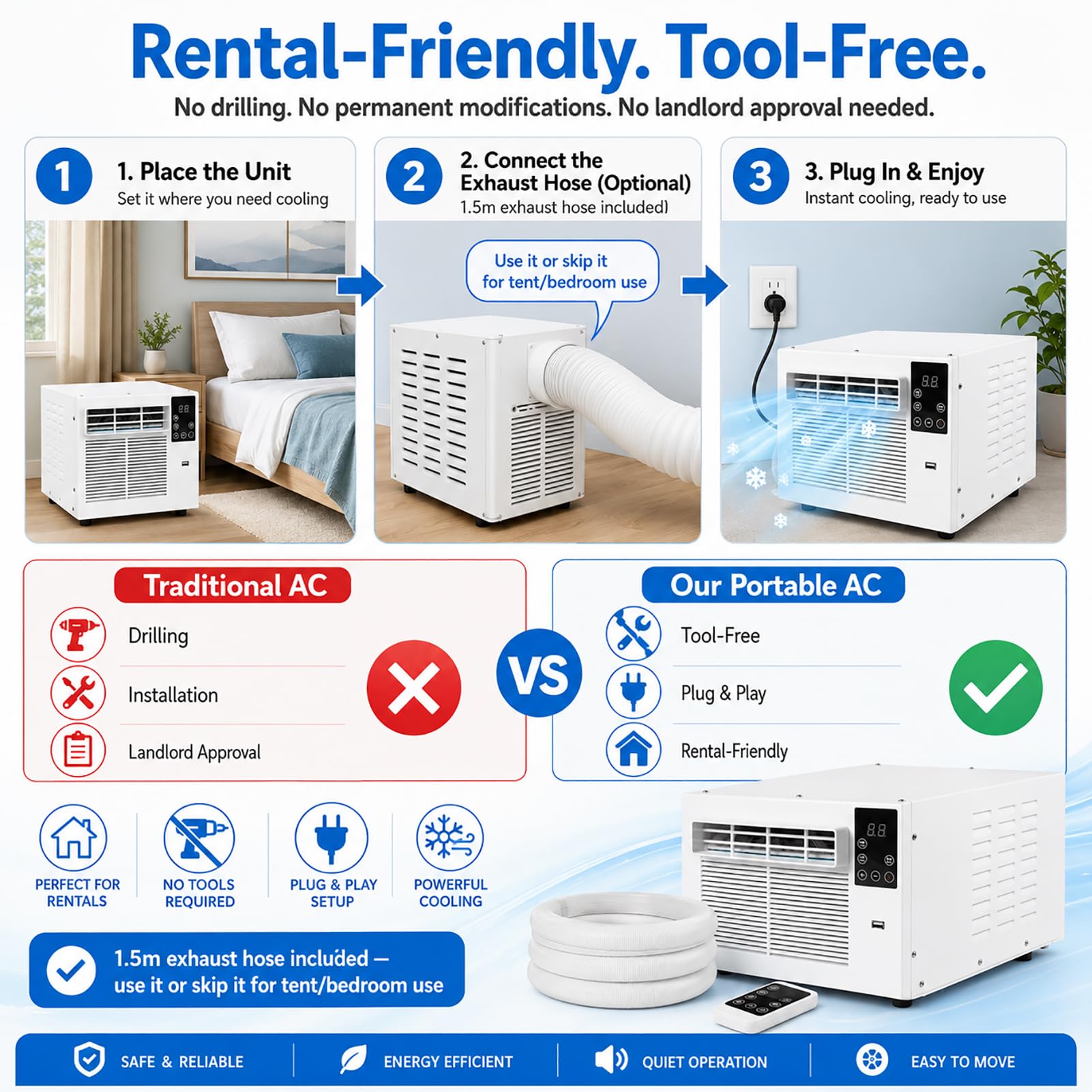 Aire Acondicionado Portátil Ultra Silencioso (45dB) con Compresor, Deshumidificación y Temporizador Programable, Control Remoto, Bajo Consumo, para Tienda de Campaña y Autocaravana