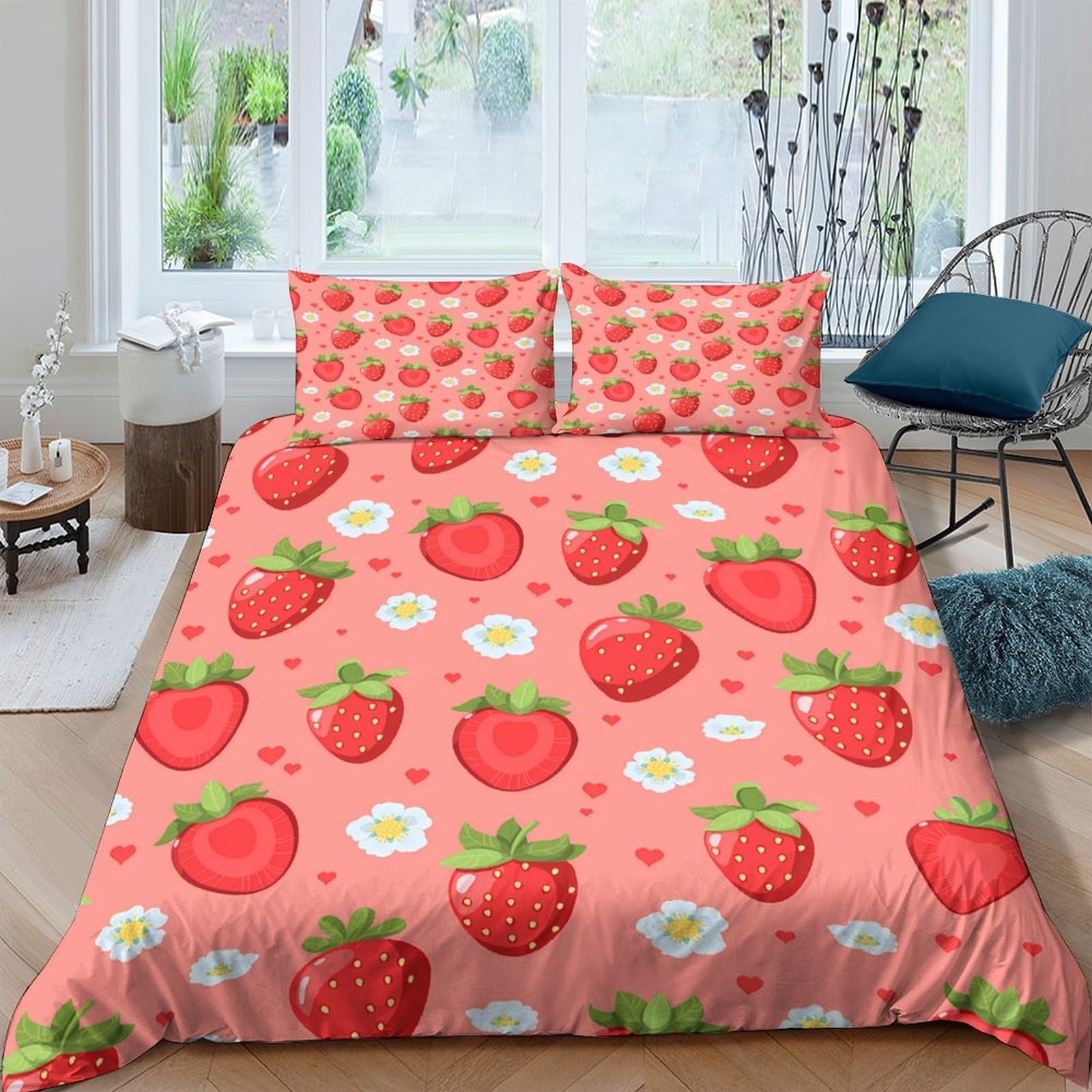 Ctjqhvkz Style-4 3D Printed Strawberry Blossom Fitted Sheet Microfiber Pink Bed Cover Anti-Slip Easy Care Bedroom Decor Single（135X200cm）