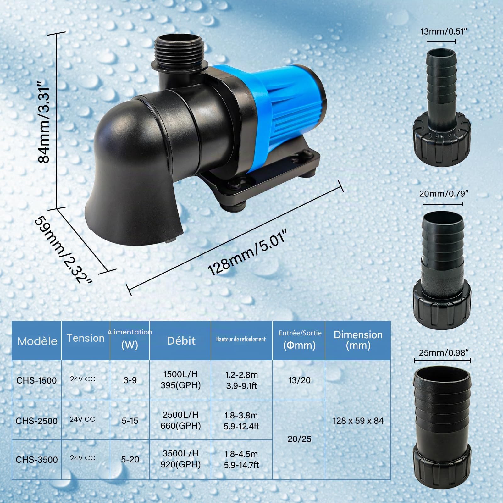 CONQUERALL CHS-3500 DC 24V DC 20W Pompe à eau à débit réglable 920GPH(US) 14.7FT Pompe à retour contrôlé Convient pour l'hydroponie, les aquariums, les étangs à koï, l'élevage de koï,