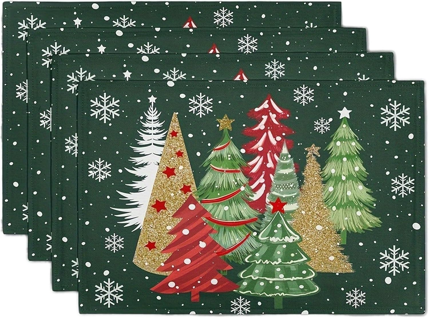 4-Piece Christmas Tree Gold-Edged Snowflake Placemats Holiday Gathering Family Dining Table Decorative Accessories