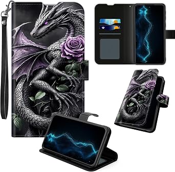 Wallet Case for Motorola Moto G 5G 2025, Durable PU Leather Flip Cover with Card Slots, Kickstand, Wrist Strap, Shockproof Protective Phone Case for Moto G 5G 2025 6.7", Black Dragon Purple Rose