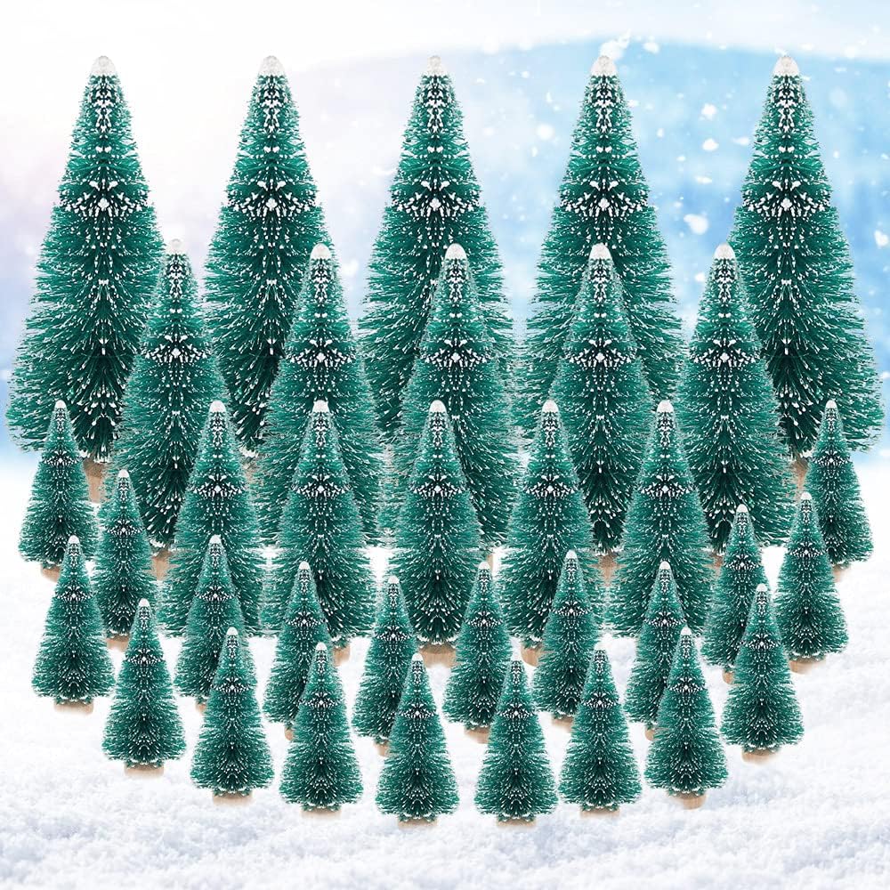 35 Pcs Miniature Artificial Snow Frost Trees with Wood Base, Green Sisal Tiny Pine Trees for Christmas Party Home Decoration (4 Sizes)