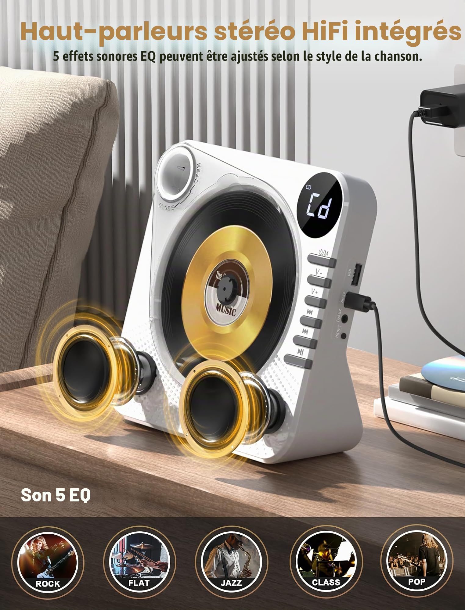 Lecteur CD Portable Greadio avec Bluetooth 5.1, lecteurs CD pour la Maison, Lecteur CD avec Haut-parleurs, télécommande, Housse de Protection, écran LED, Son Hi-FI, Lecture Via AUX/USB (Blanc)