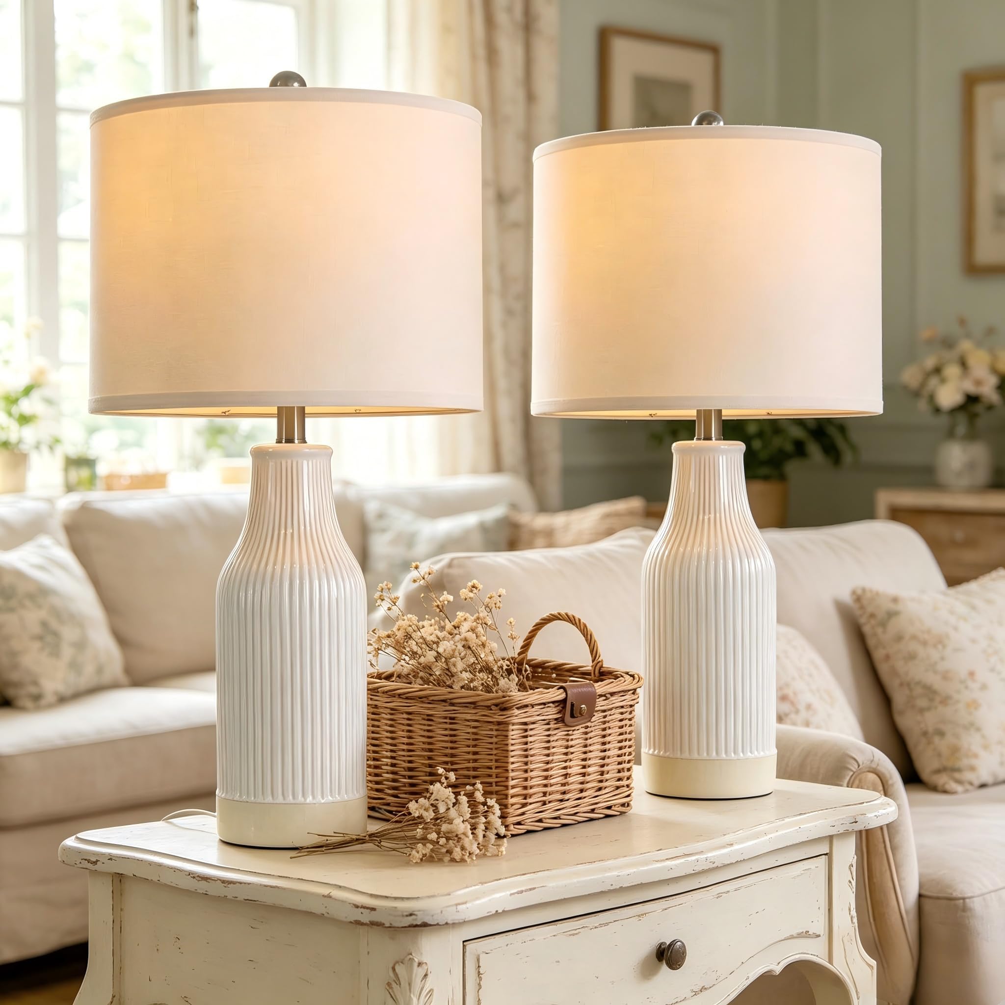 USumkky 23.75 inches Modern Ceramic Table Lamp Set of 2 for Living Room, Farmhouse Bedside Nightstand Lamp for Bedroom Home Office Dorm