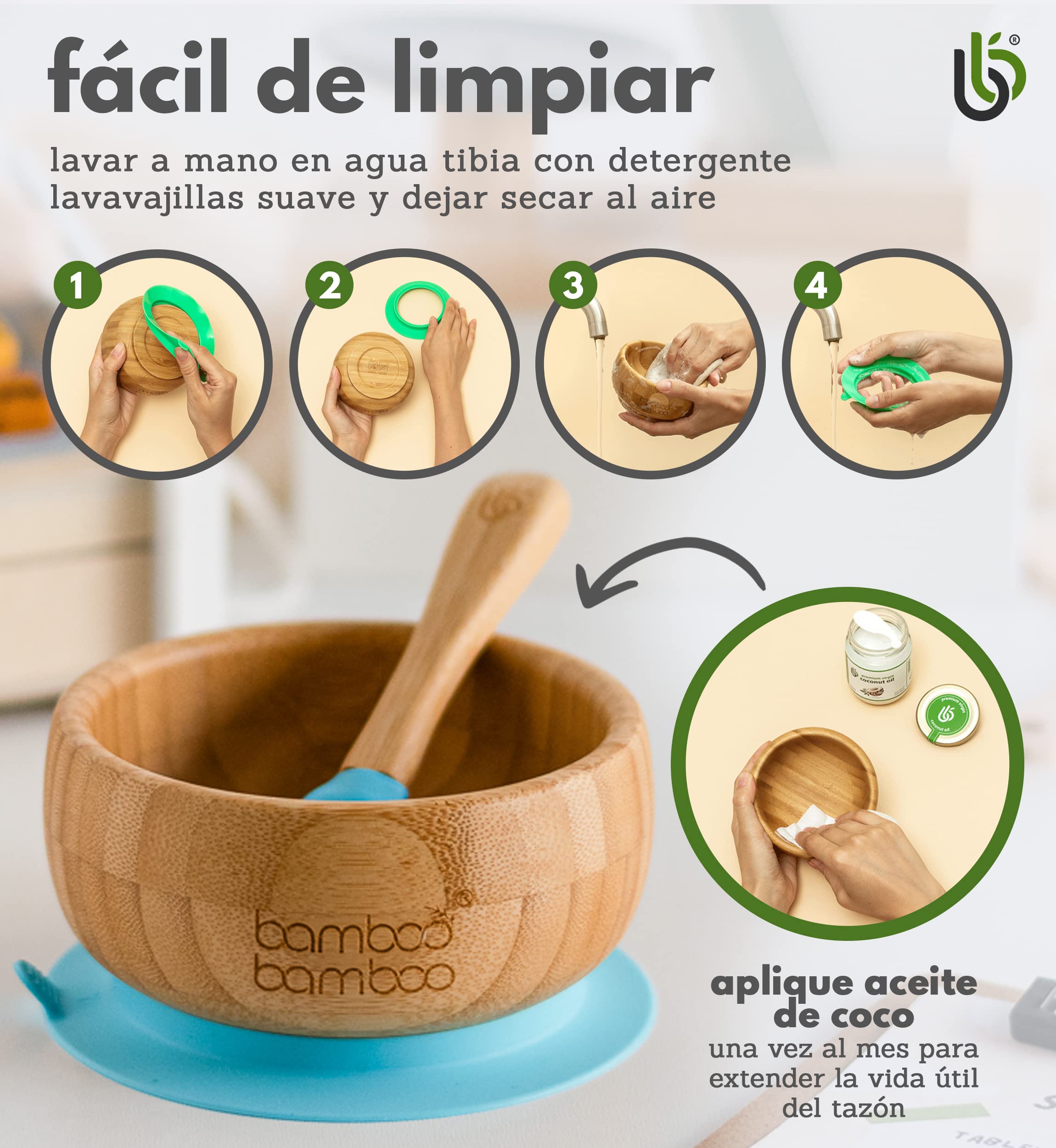 Set de Bowl adherente y cuchara para bebé en combinación, Bowl que no se despega de la mesa al comer, Bambú natural (Azul)