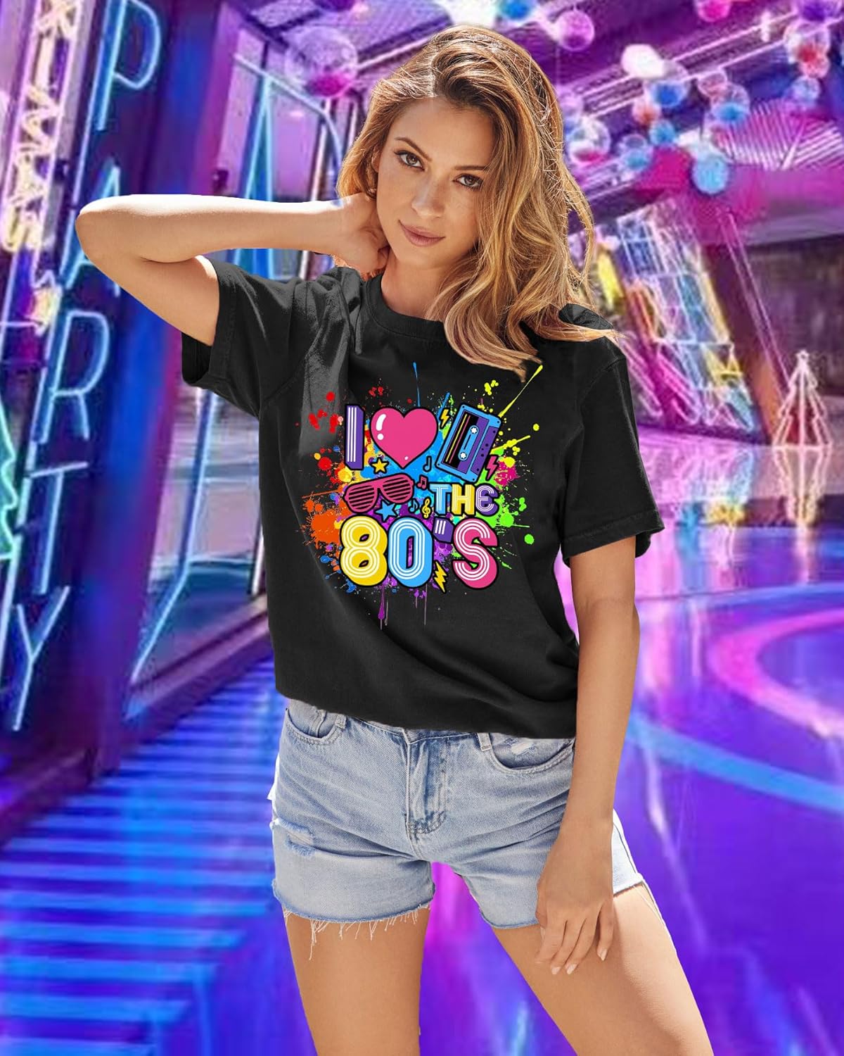 Womens 80s Shirts: 80s' Neon Music Party Tees I Love The 1980s Graphic Letter Blouse T-Shirts Tops - Image 5
